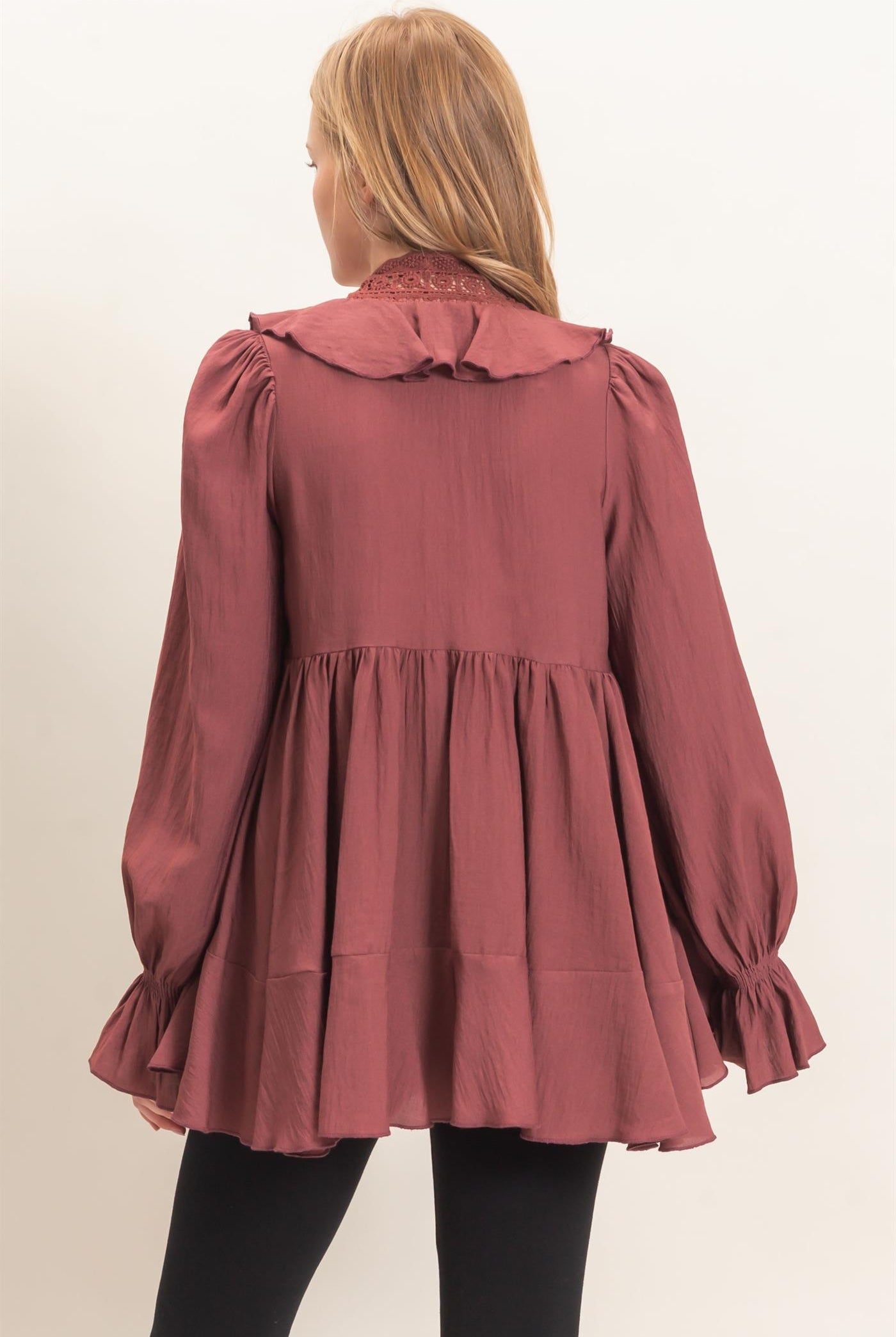 Wholesale Ruffle Lace Tie Neck Blouse Tunics HF26E642 MAROON HYFVE