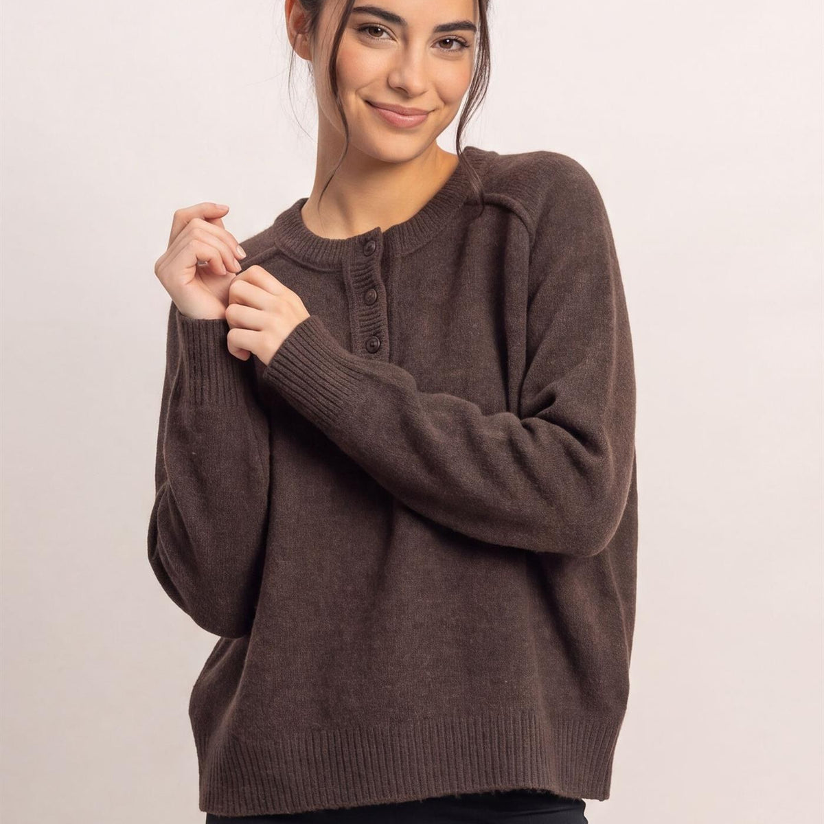 Wholesale Henley Sweater With Reverse Seams Sweaters DZ26F004 DARK BROWN DOUBLE ZERO
