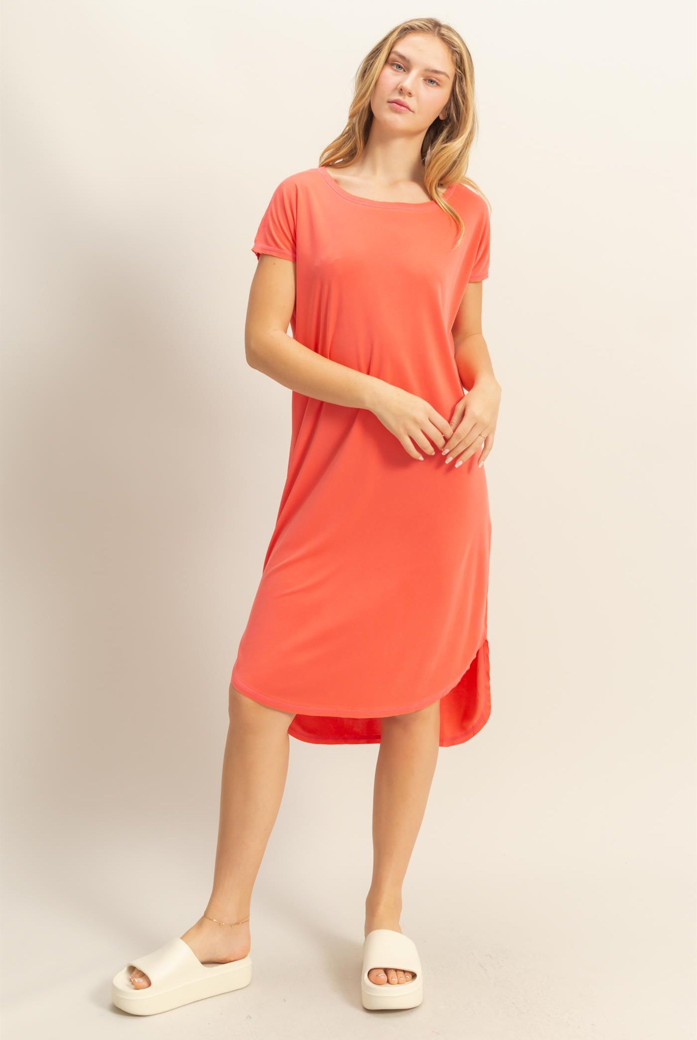 Wholesale Soft High Low Midi Dress With Round Hem Dresses DZ25E307 CORAL DOUBLE ZERO