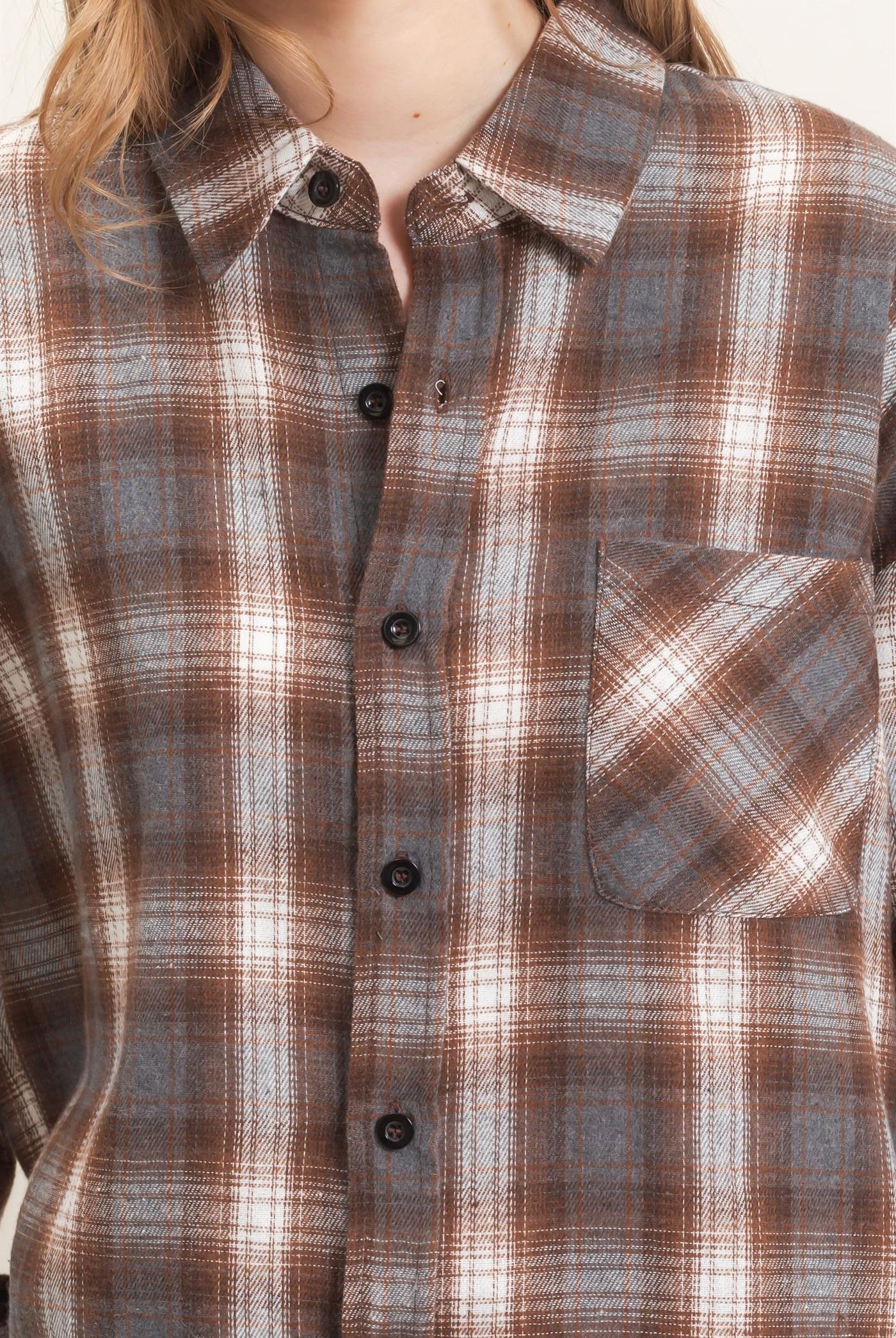 Wholesale Plaid Button-Up Shirt Clothing Tops HF26F017 BROWN HYFVE