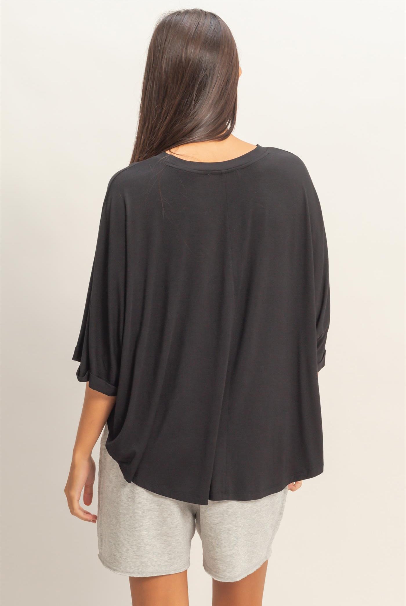 Wholesale Relaxed High-Low Batwing Sleeve Top Shirts DZ26A742 BLACK DOUBLE ZERO