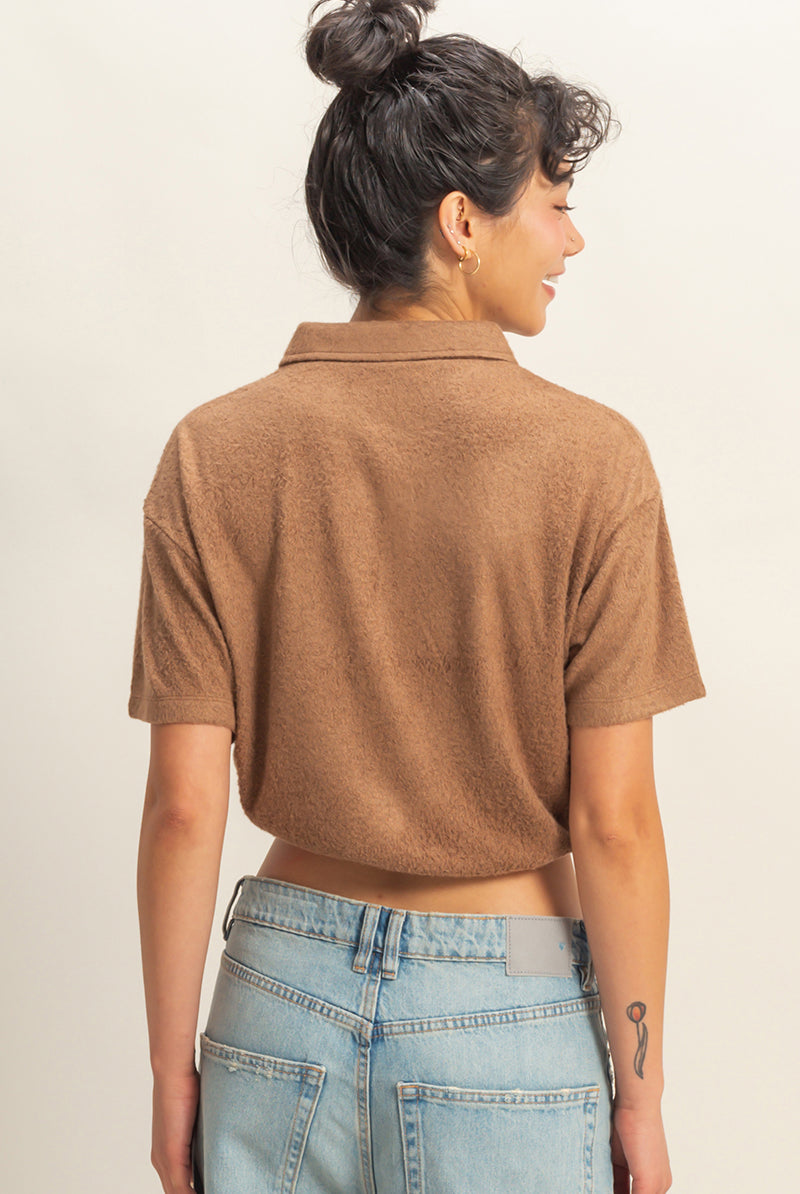 Wholesale Collared Short Sleeve Crop Top Clothing Tops DZ22A477 TOFFEE DOUBLE ZERO