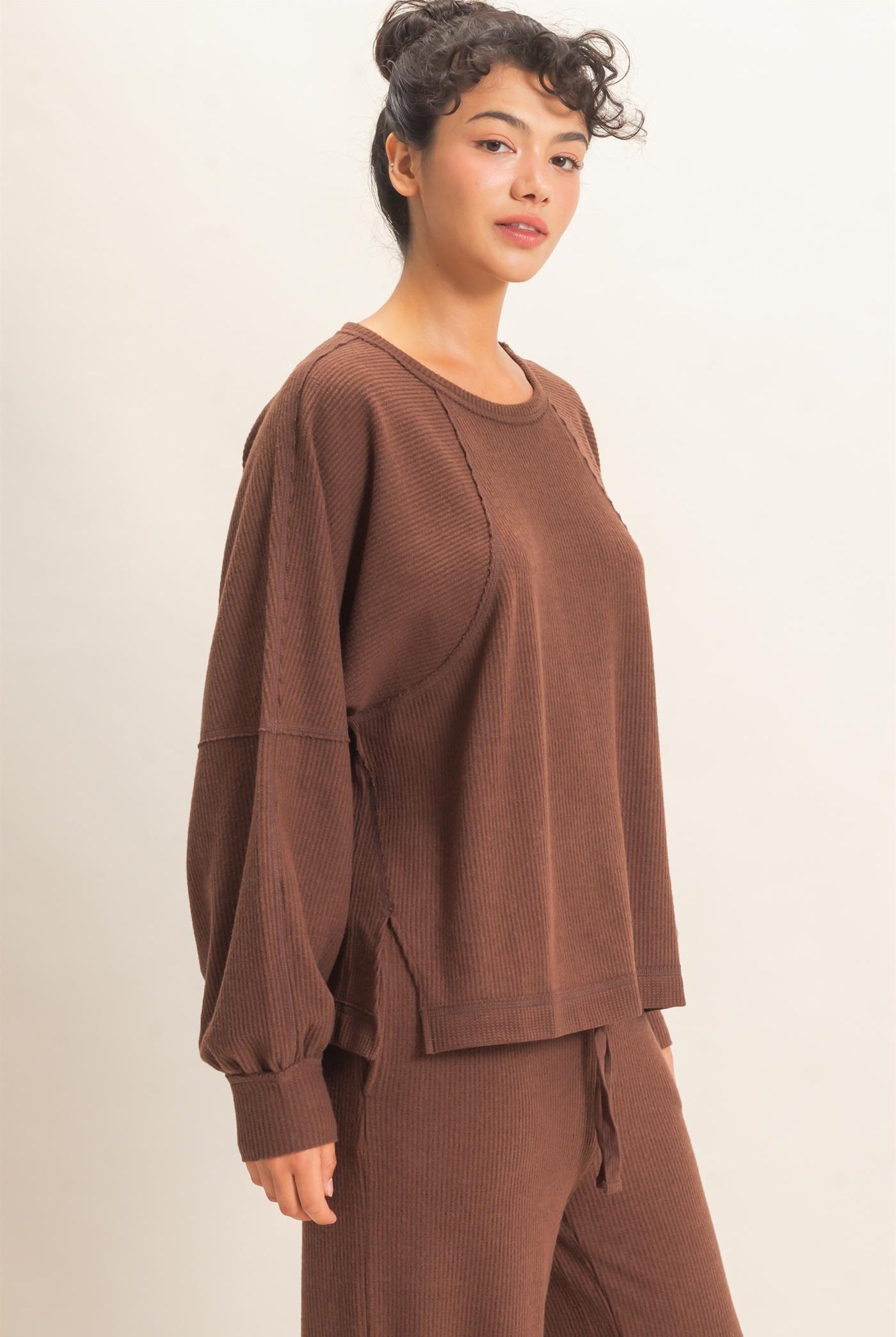 Wholesale Brushed Waffle Long Sleeve Top Clothing Tops DZ26F312 DARK BROWN DOUBLE ZERO
