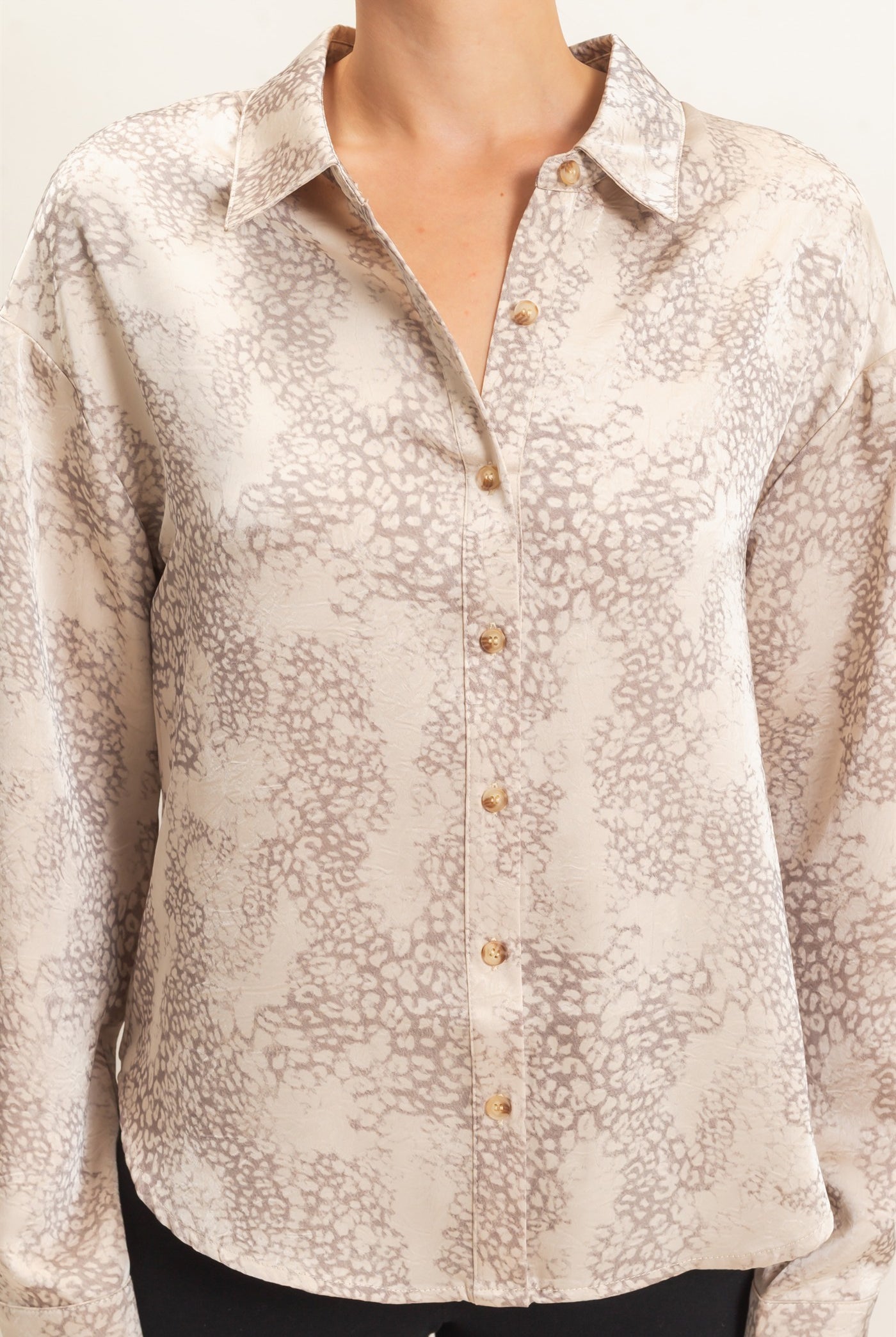 Wholesale Leopard Satin Button-Up Shirt Clothing Tops HF26E159 TAUPE HYFVE