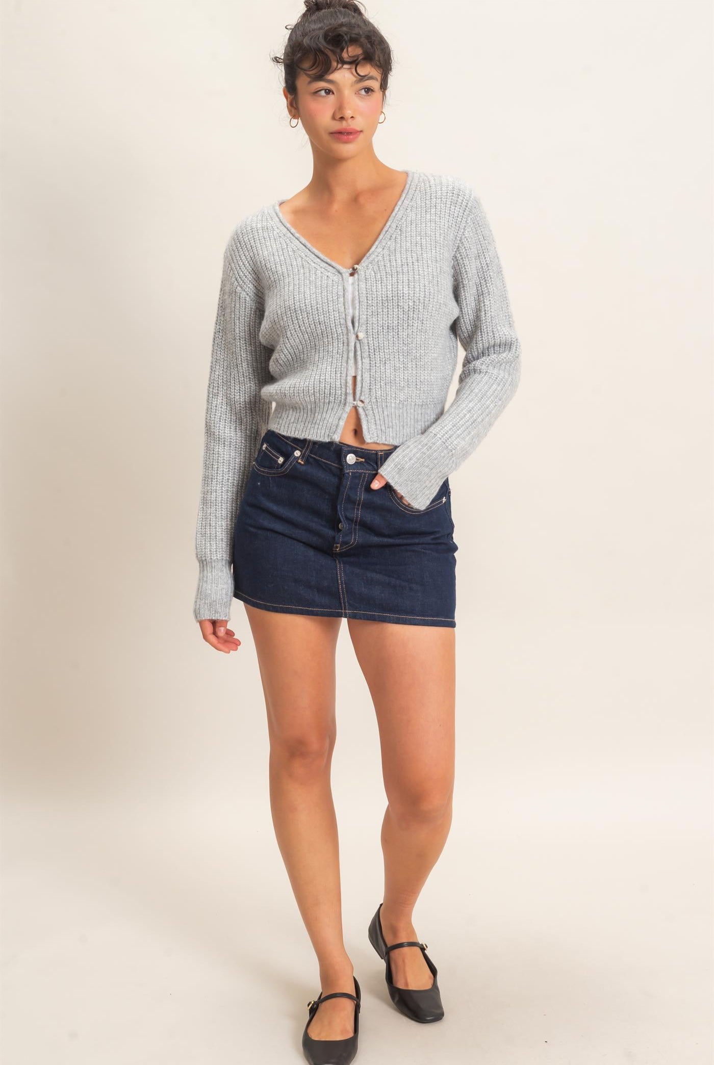 Wholesale V-Neck Ribbed Cardigan Cardigans DZ26E106 HEATHER GRAY DOUBLE ZERO