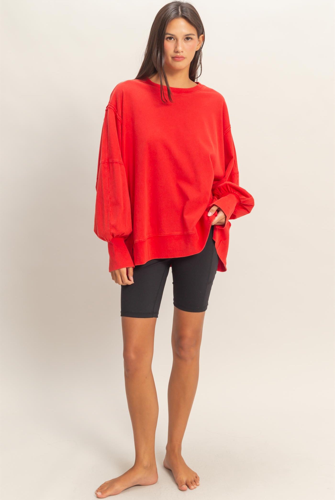Wholesale Oversized Seam Detail Long Sleeve Top Sweatshirts DZ26C774 RED DOUBLE ZERO