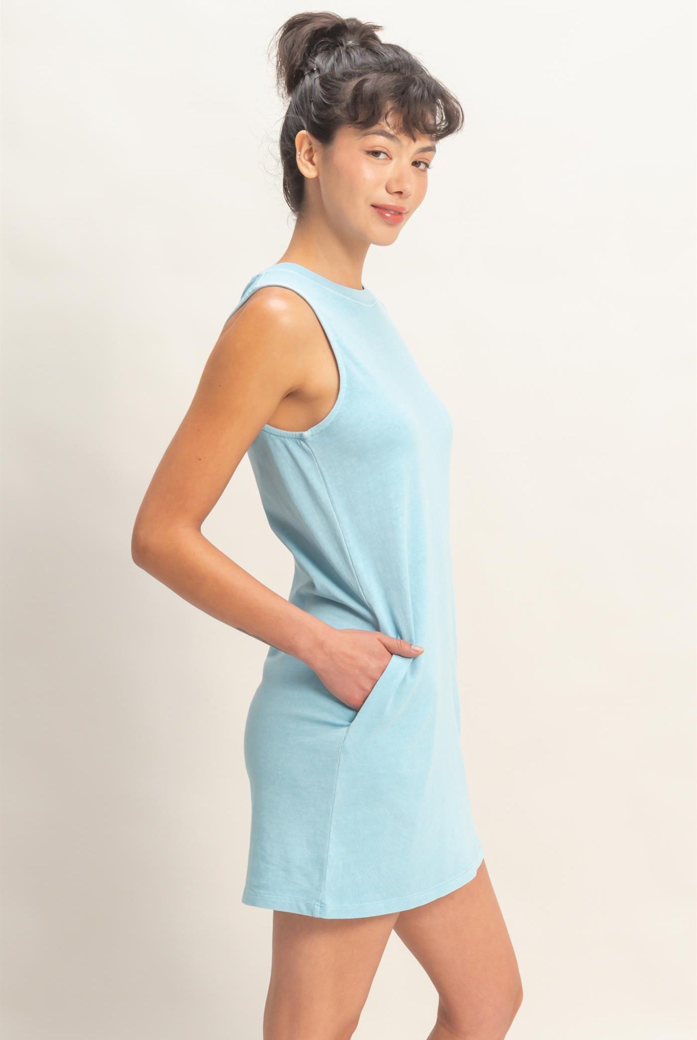 Wholesale Pigment Dyed Sleeveless Mini Dres Dresses DZ26A745 BLUE DOUBLE ZERO