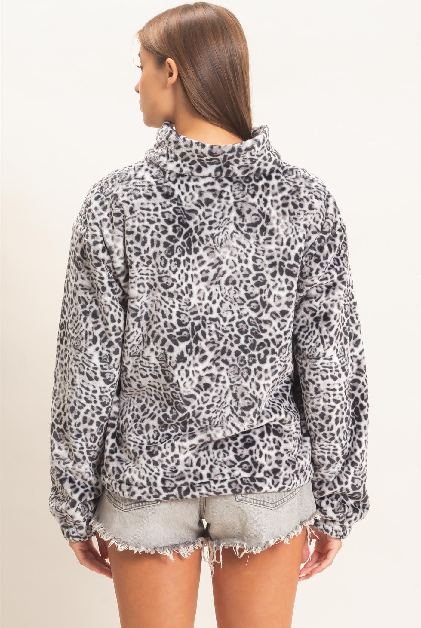 Wholesale Leopard Print Fleece Half Zip Pullover Sweaters DZ26E830 GRAY DOUBLE ZERO