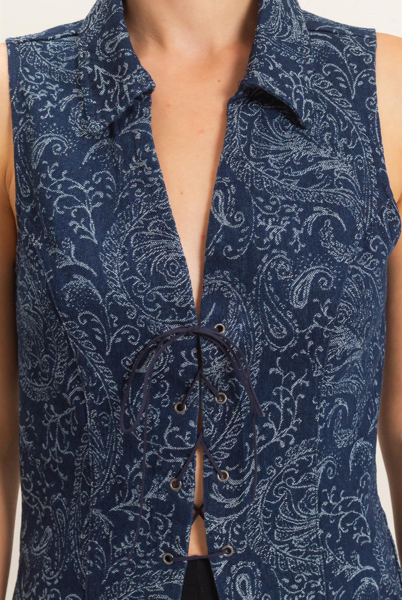 Wholesale Paisley Lace-Up Vest Clothing Tops HF26E171 NAVY HYFVE