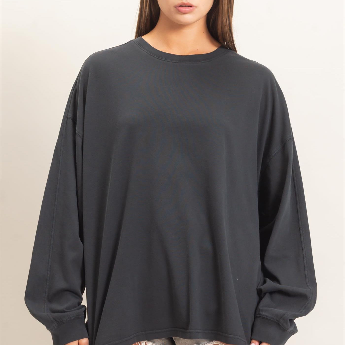 Wholesale Pigment Dye Oversized Long Sleeve Top Clothing Tops DZ26A825 BLACK DOUBLE ZERO