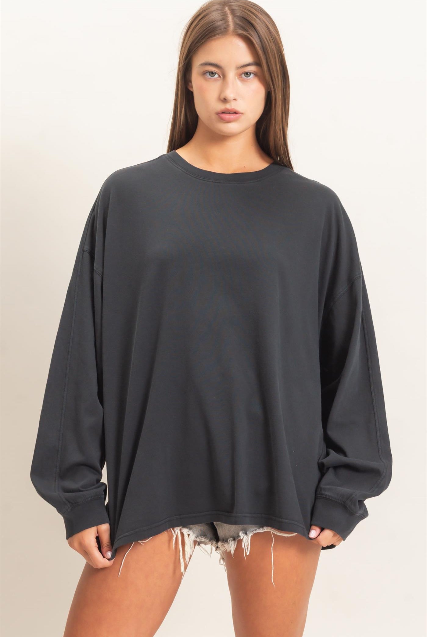 Wholesale Pigment Dye Oversized Long Sleeve Top Clothing Tops DZ26A825 BLACK DOUBLE ZERO