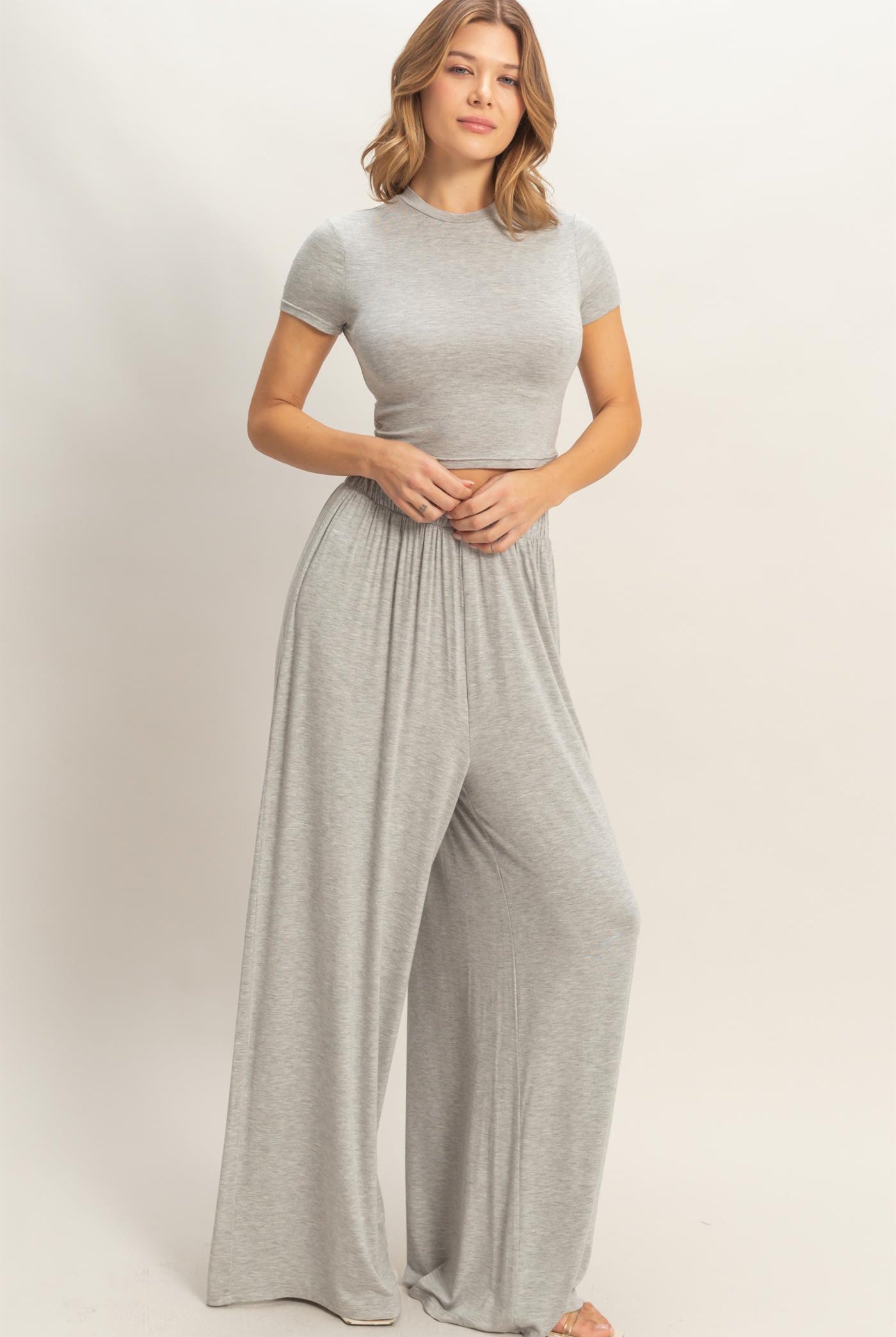 Wholesale Short Sleeve Top & Wide Leg Pants Set Clothing HF26C310-SET-D H.GRAY HYFVE