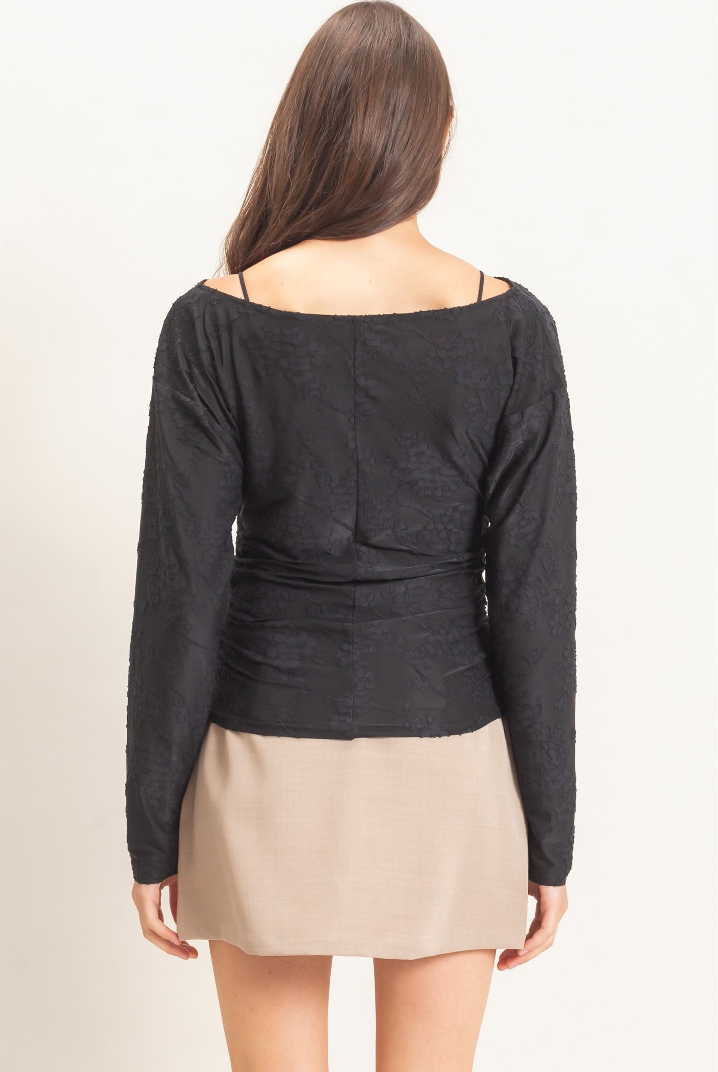 Wholesale Sheer Lace Boat Neck Top Blouses HF26E761 BLACK HYFVE