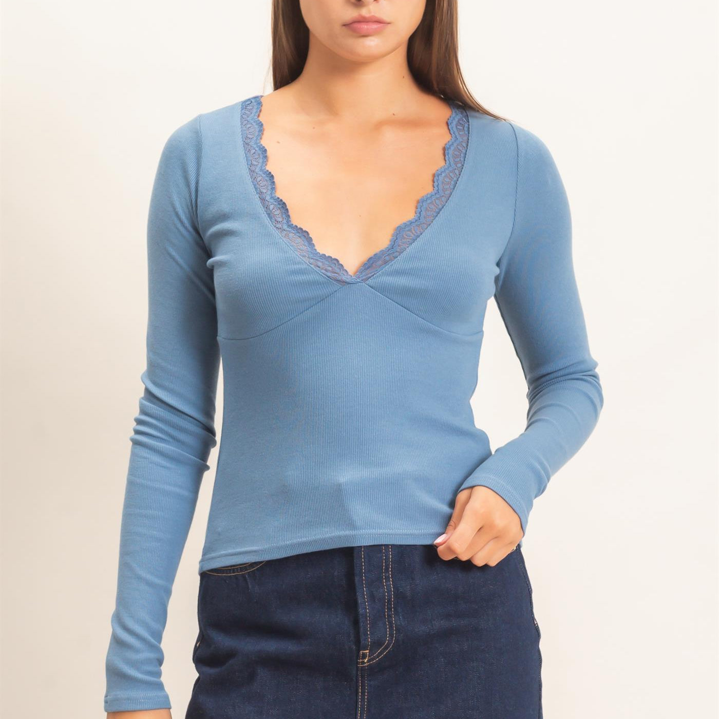 Wholesale Lace Trim V-Neck Top Clothing Tops DZ26E913 DUSTY BLUE DOUBLE ZERO