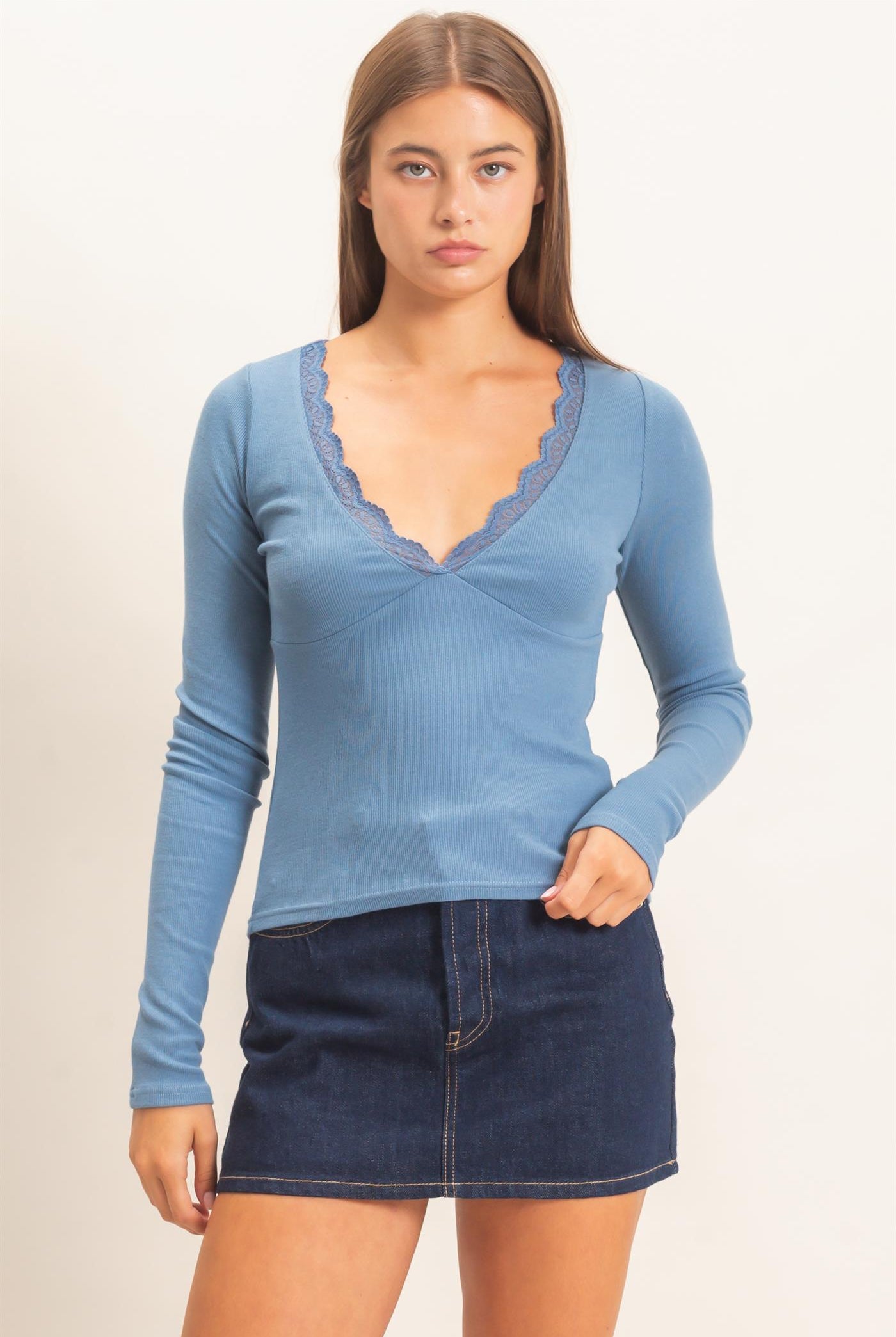 Wholesale Lace Trim V-Neck Top Clothing Tops DZ26E913 DUSTY BLUE DOUBLE ZERO