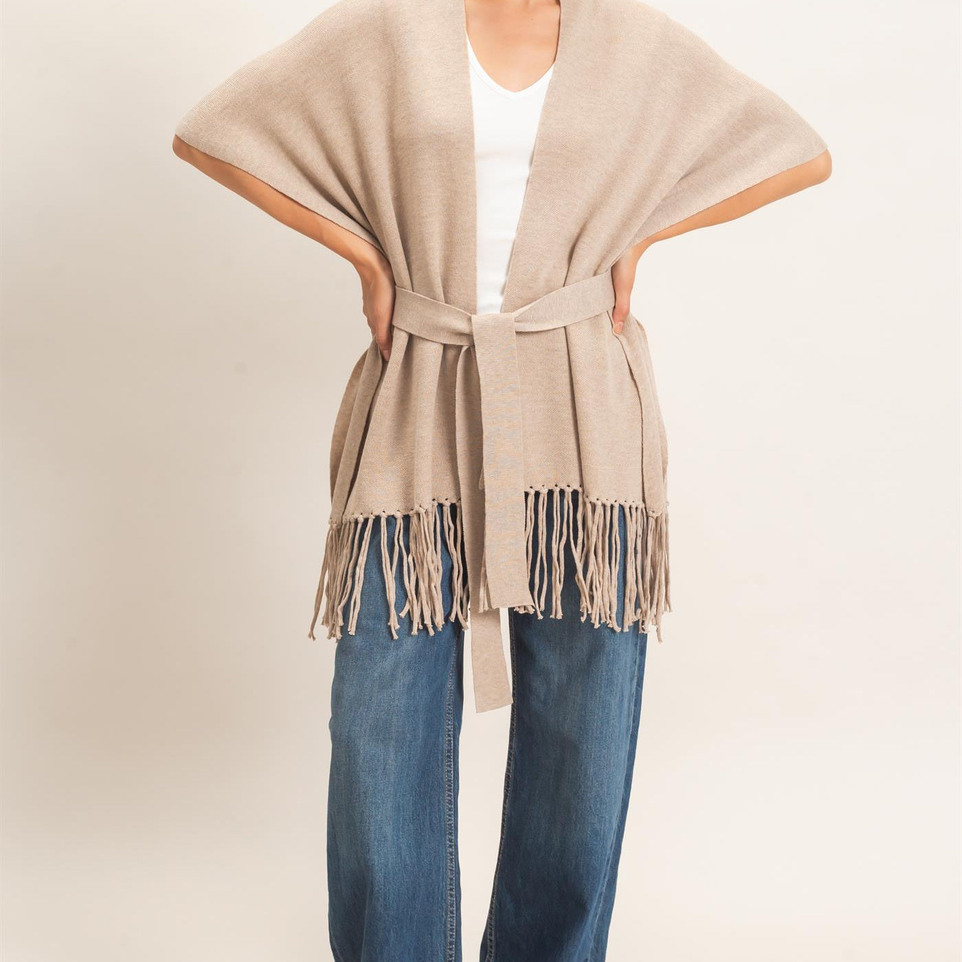 Wholesale Fringe Hem Kimono Sweater Kimonos HF26E041 CAMEL HYFVE