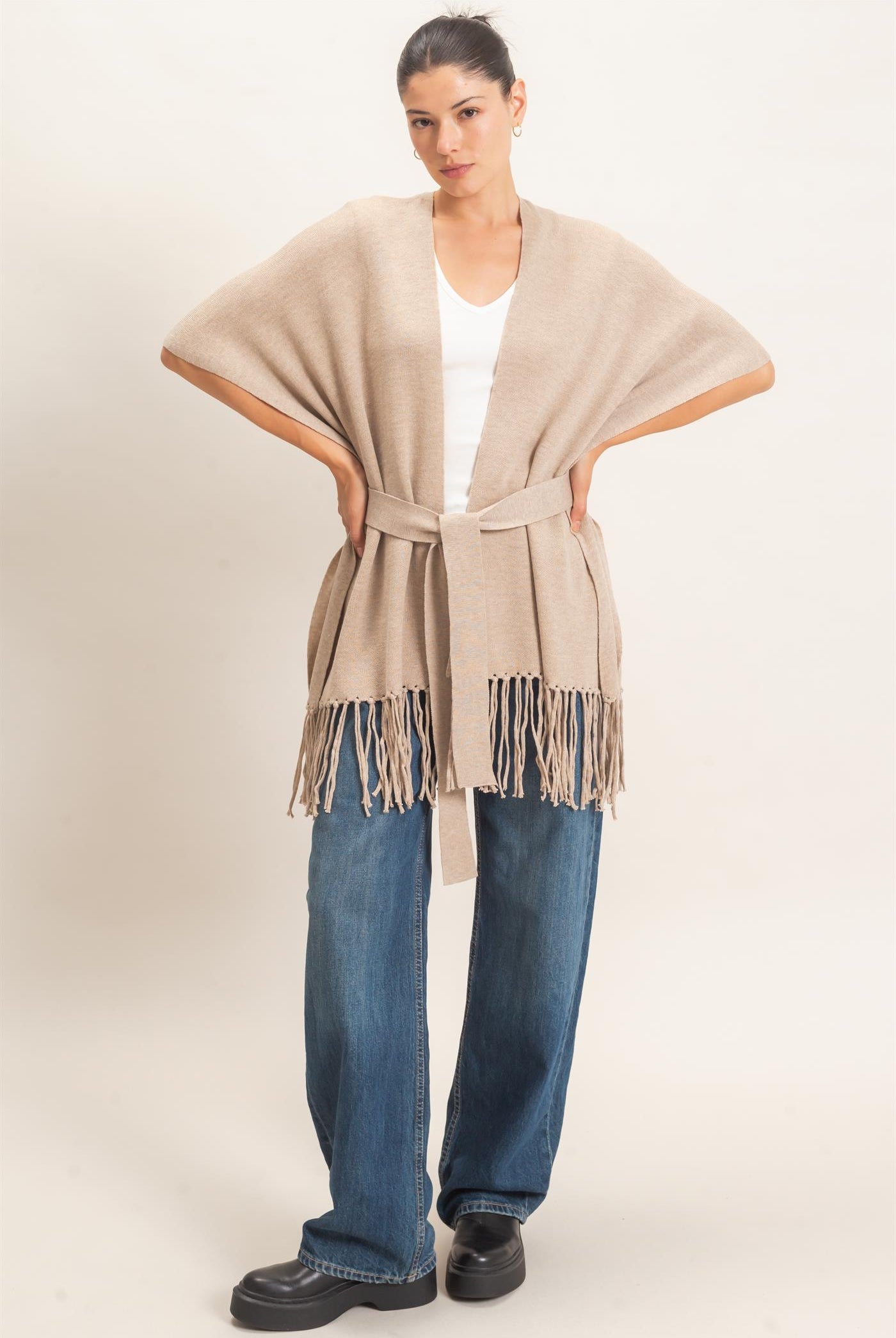 Wholesale Fringe Hem Kimono Sweater Kimonos HF26E041 CAMEL HYFVE