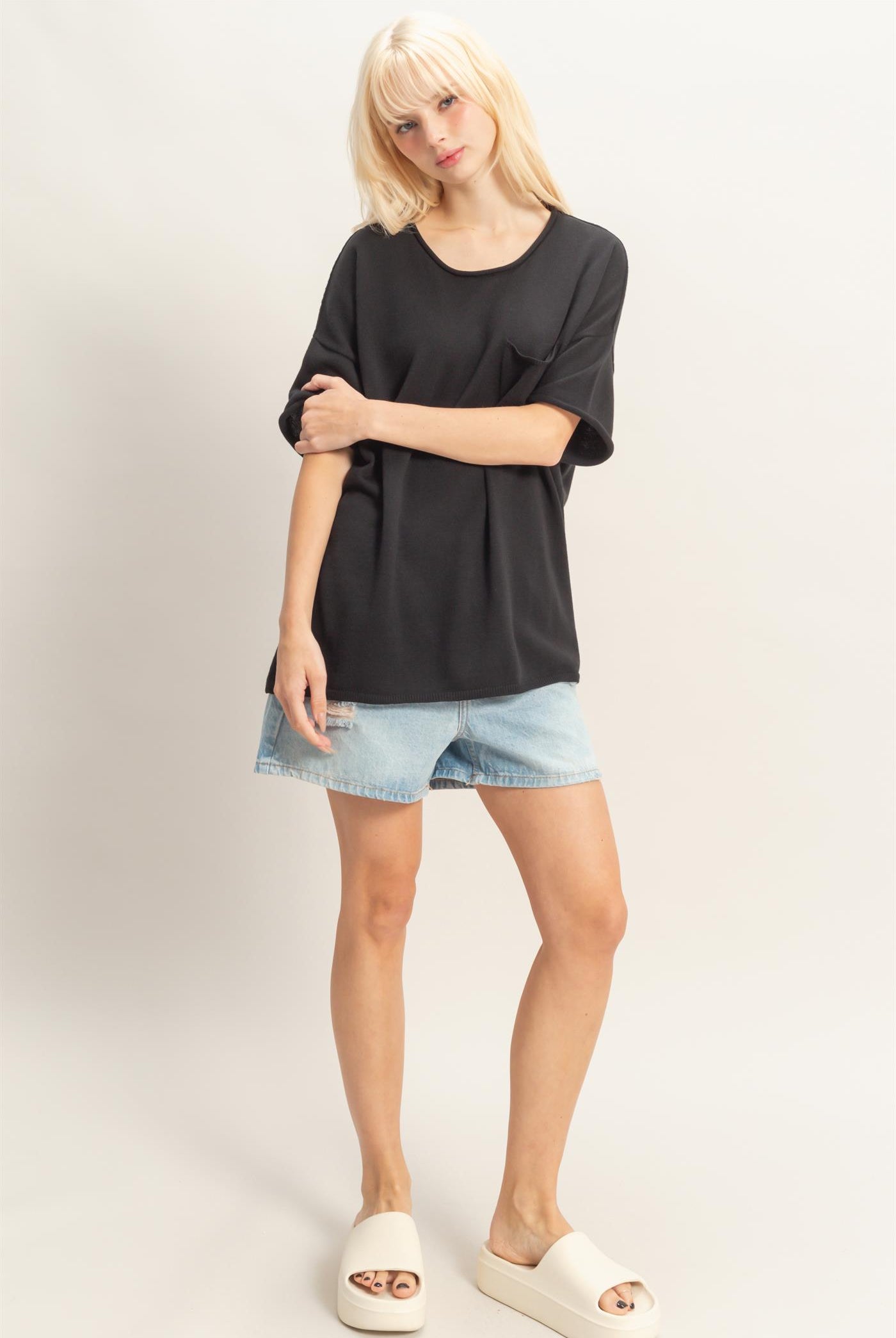Wholesale Oversized Short Sleeve Round Neck Pocket Knit Top Clothing Tops DZ26A691 BLACK DOUBLE ZERO