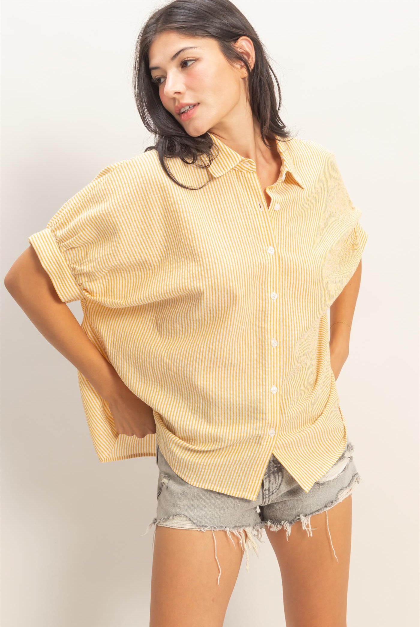 Wholesale Striped Short Sleeve Button-Front Blouse T-Shirts DZ26C276 YELLOW DOUBLE ZERO