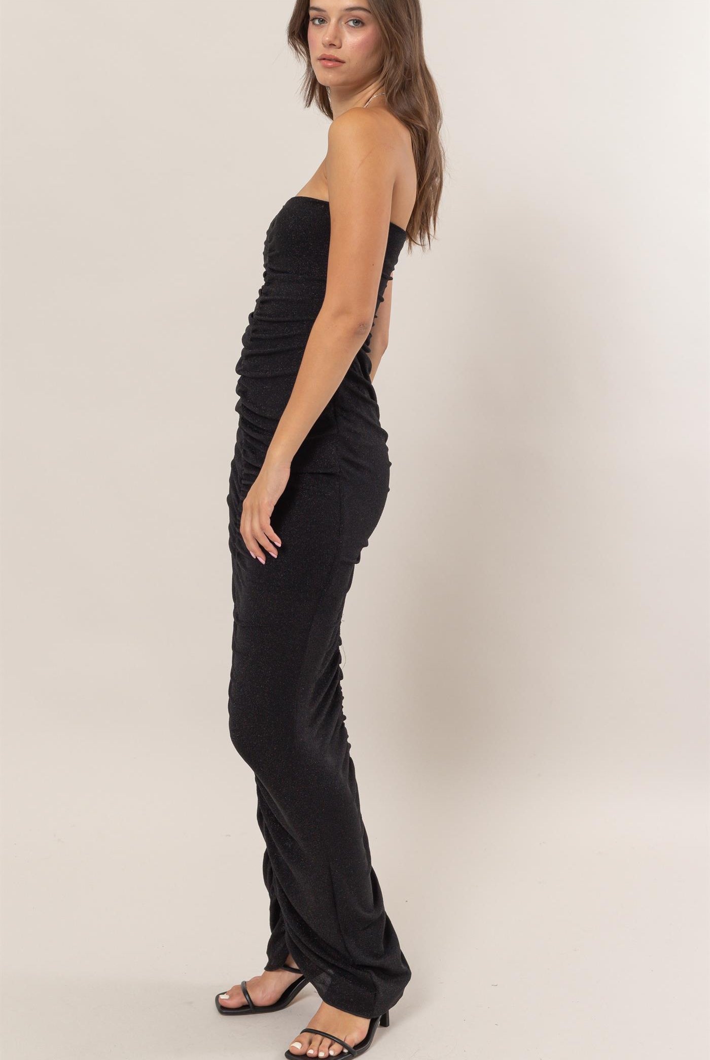 Wholesale Glitter Knit Ruched Tube Dress Dresses HF25A865 BLACK HYFVE