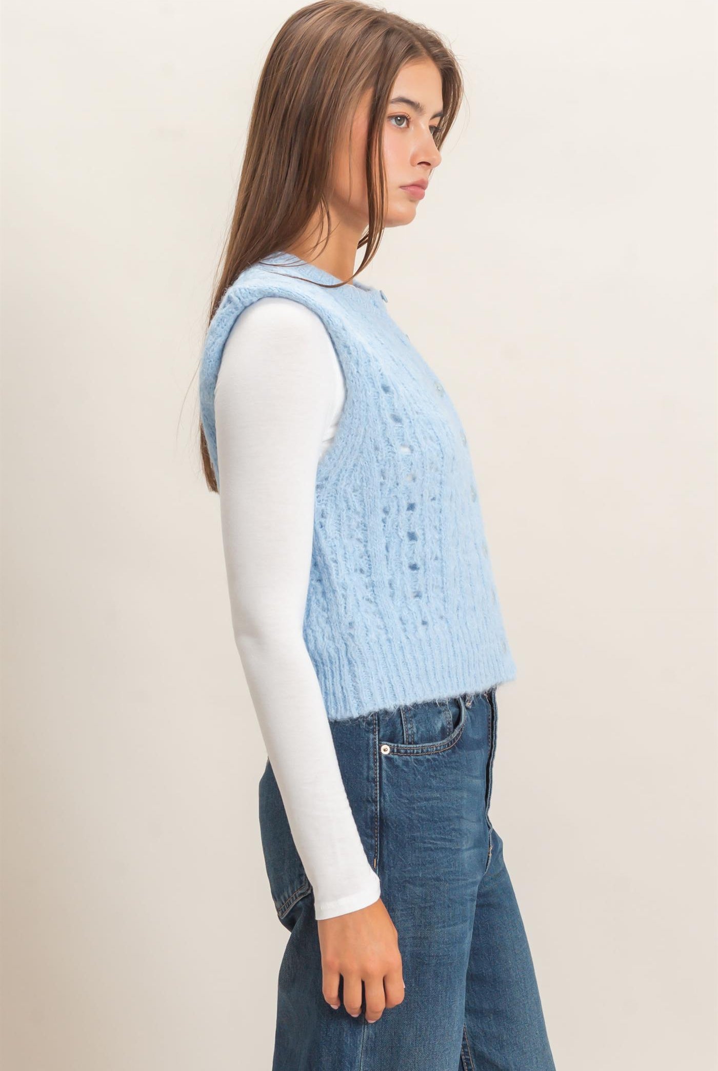 Wholesale Open Knit Sleeveless Button Front Sweater Vest Sweaters DZ26A829 ICE BLUE DOUBLE ZERO