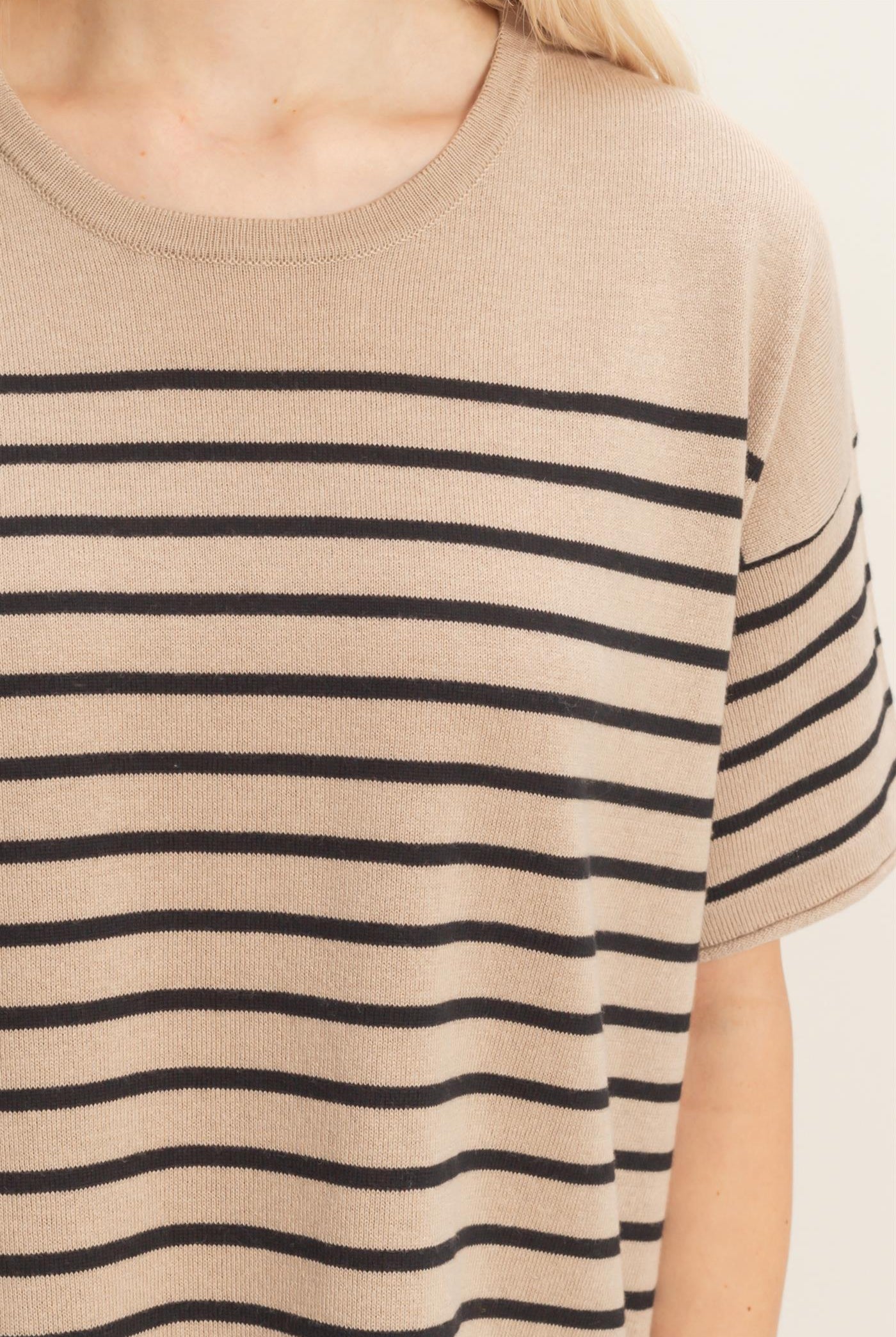 Wholesale Striped Short Sleeve Knit Top Clothing Tops DZ26A838 DARK TAUPE DOUBLE ZERO