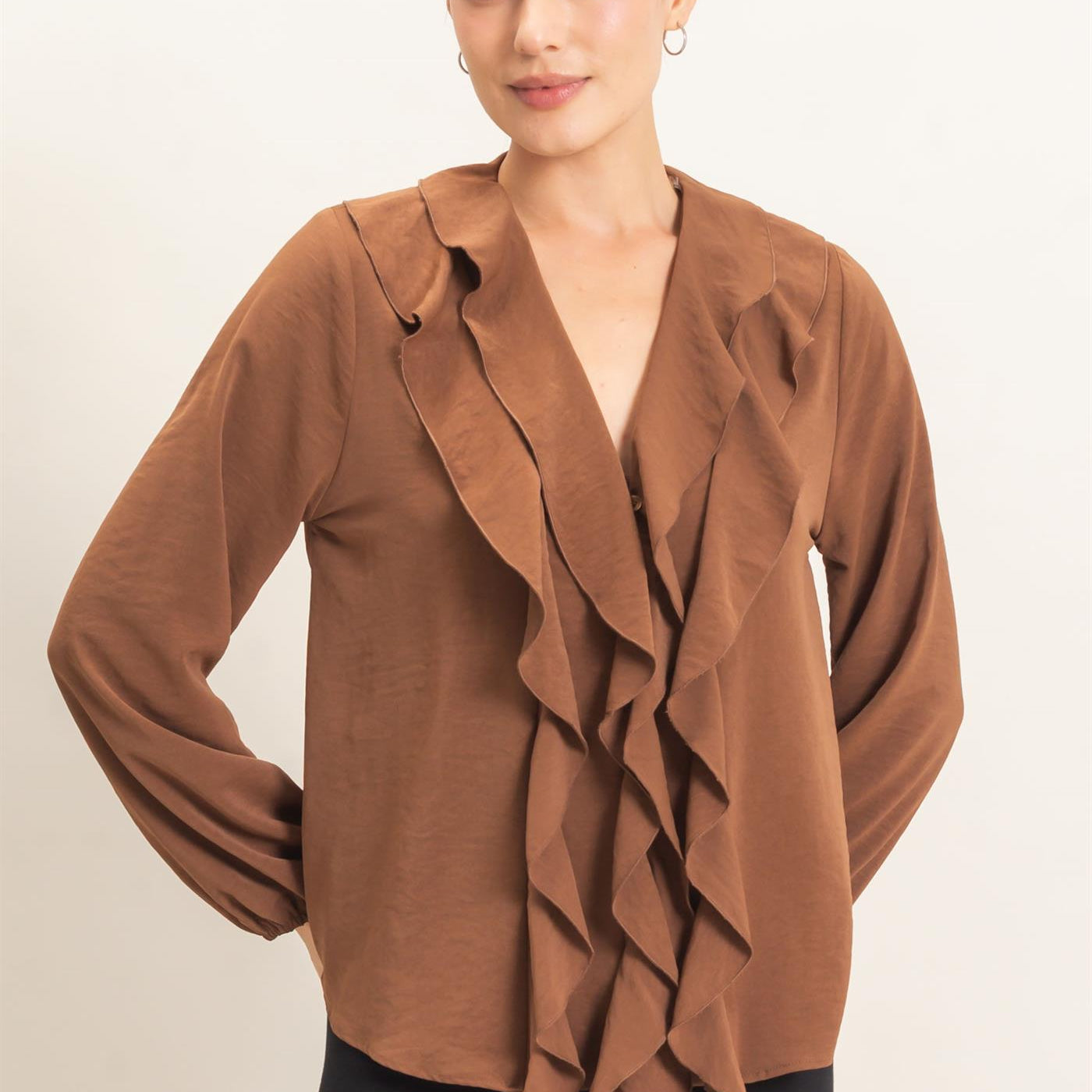Wholesale Ruffled V-Neck Button-Up Blouse Blouses HF26C739 BROWN HYFVE