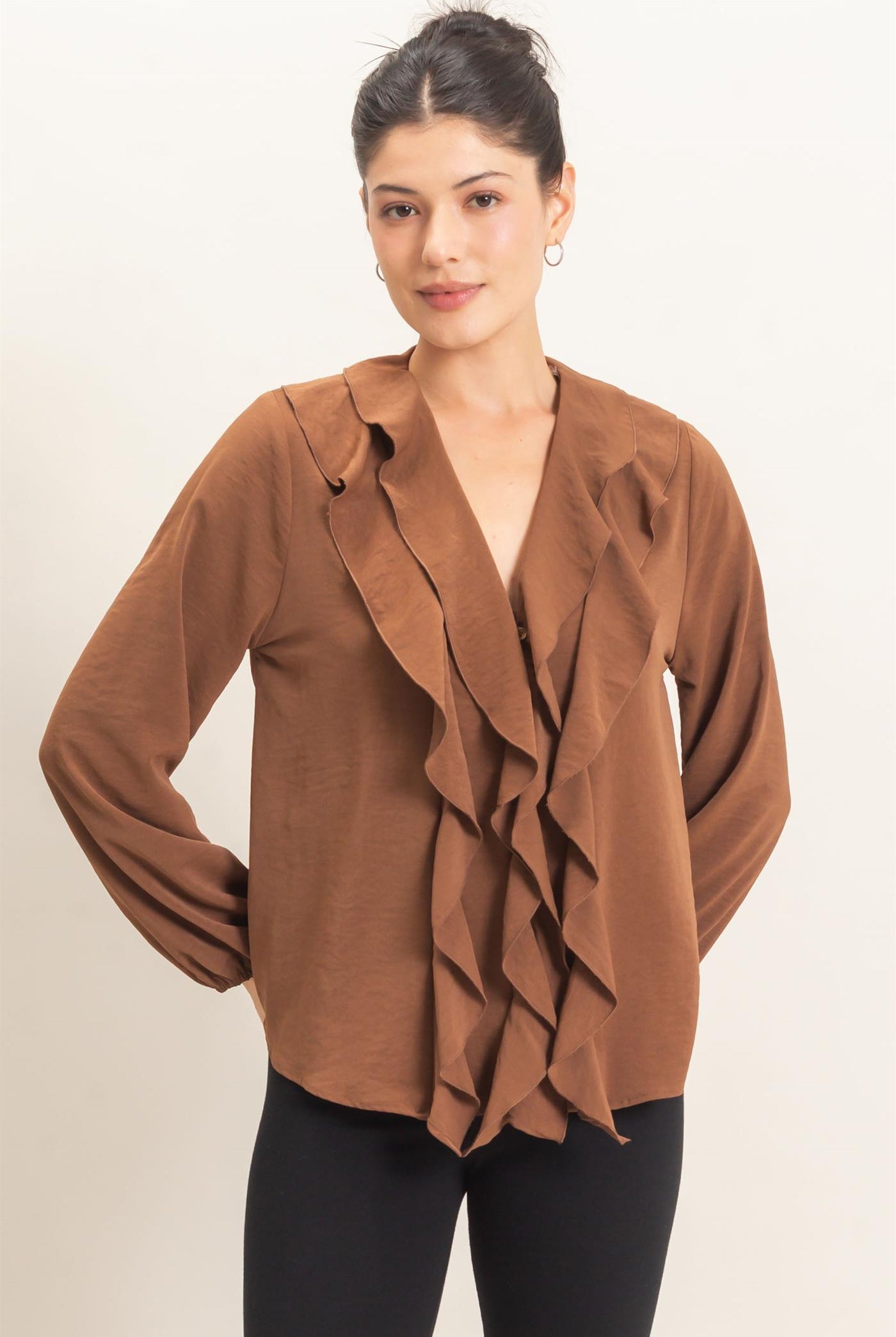 Wholesale Ruffled V-Neck Button-Up Blouse Blouses HF26C739 BROWN HYFVE