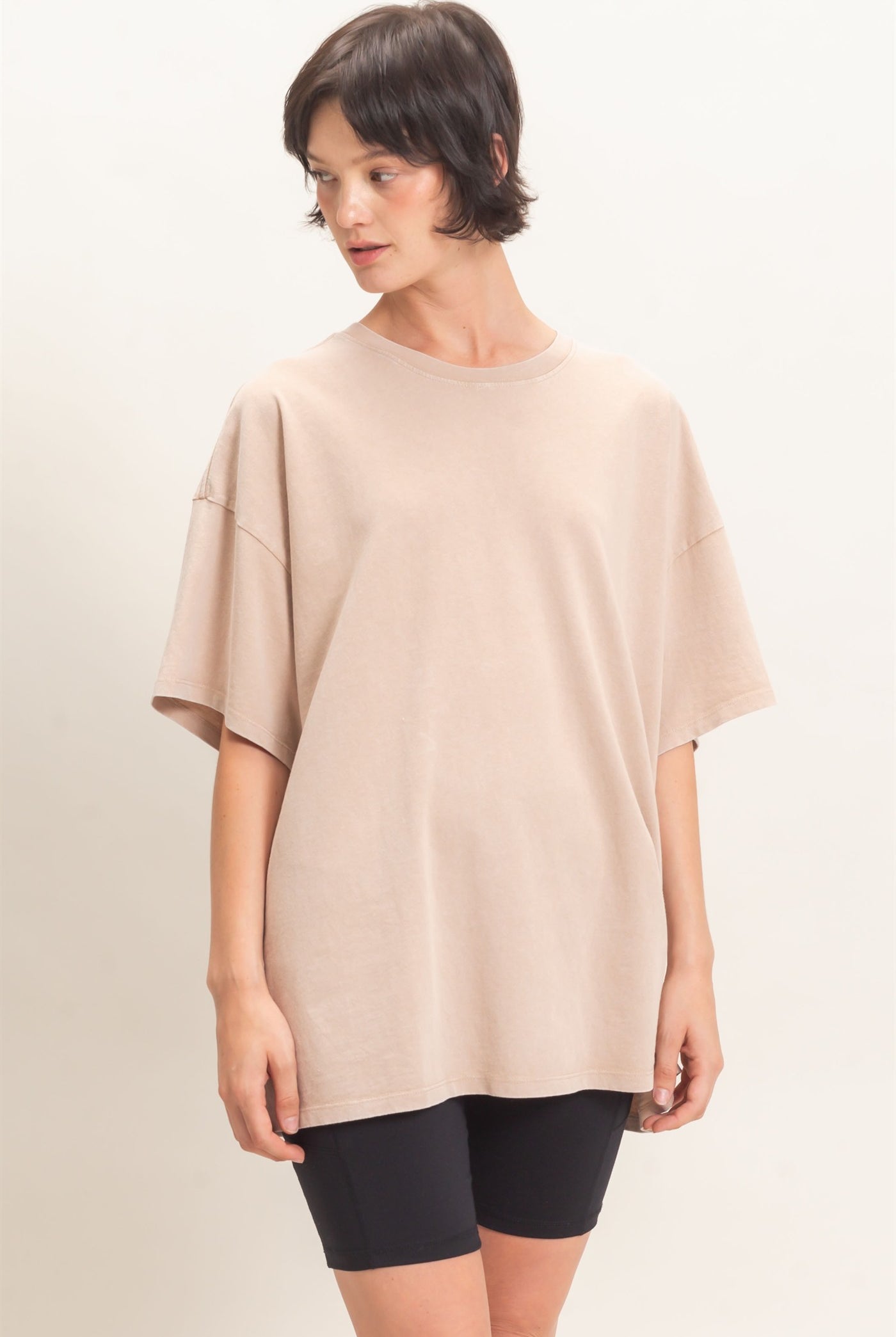 Wholesale Mineral Wash Oversized Crew Neck T-Shirts Clothing Tops DZ26C961 DARK TAUPE DOUBLE ZERO