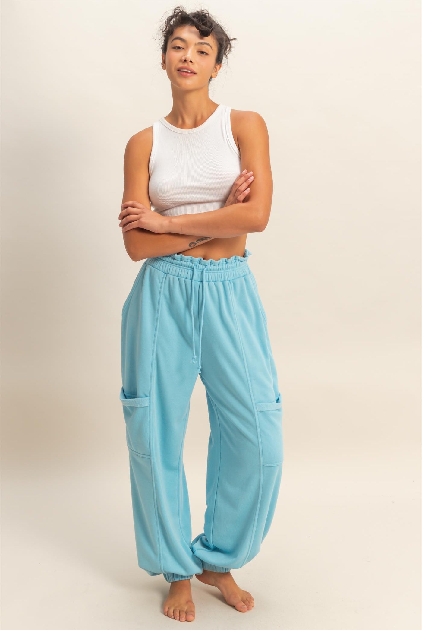 Wholesale Ruffle Waist Burnout Jogger Pants Joggers DZ26A685 BLUE DOUBLE ZERO