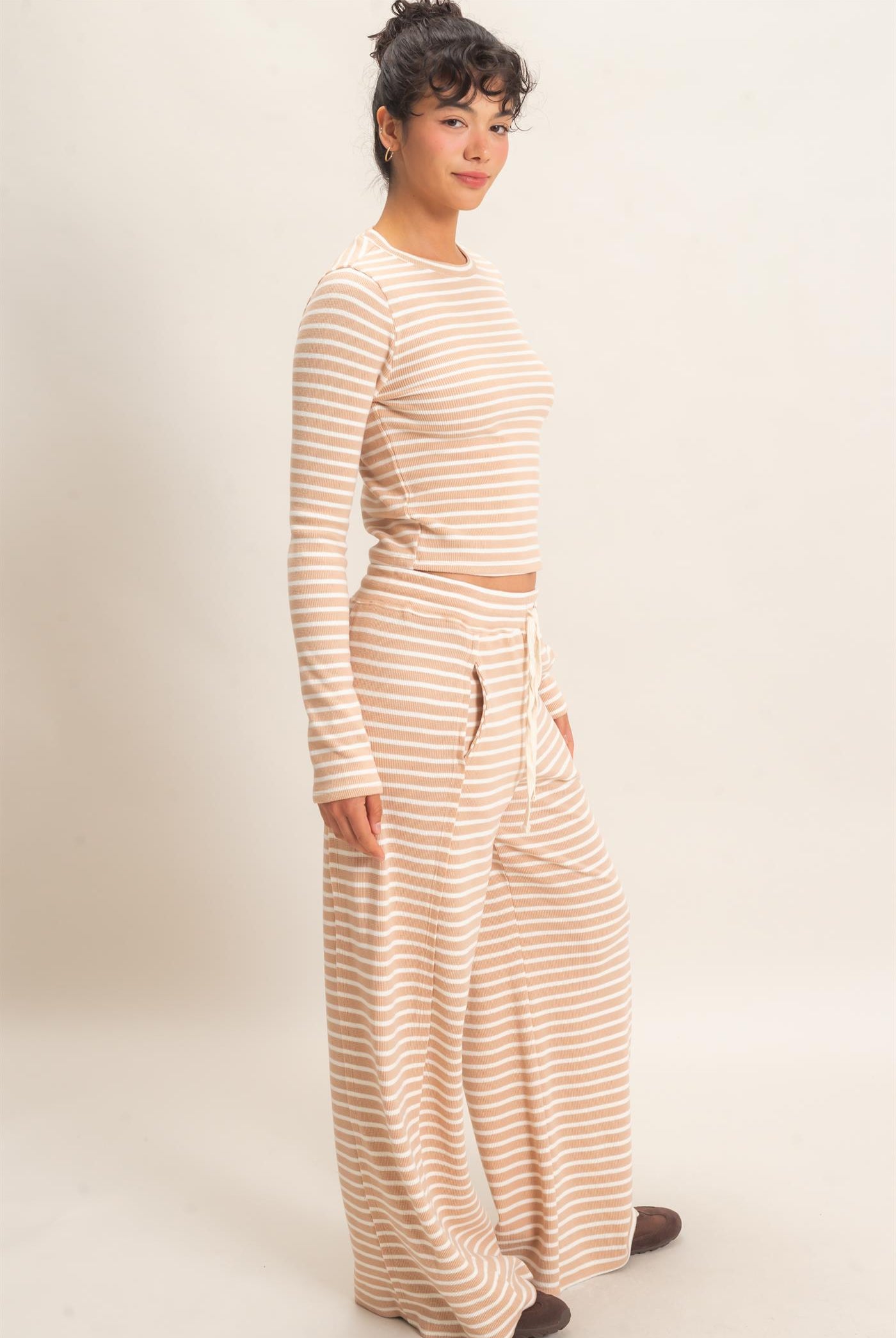 Wholesale Striped Waffle Long Sleeve Top & Pants Set Clothing DZ25F479-SET SAND DOUBLE ZERO