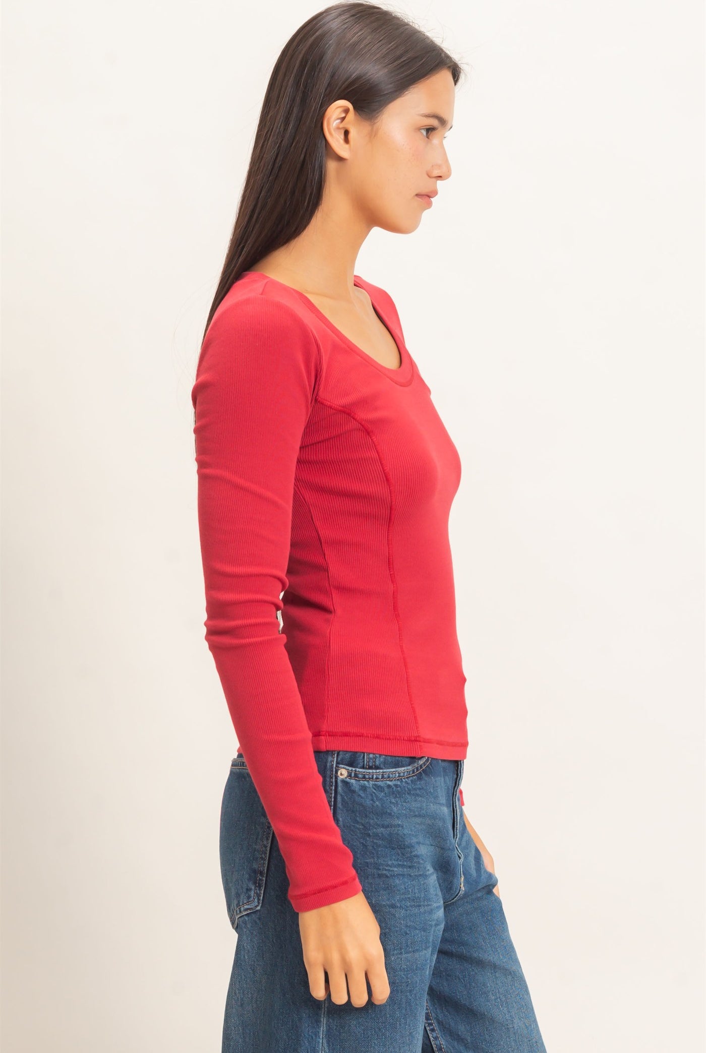 Wholesale Pigment Dye Seam Detail Scoop Neck Top Clothing Tops DZ26E242 DARK RED DOUBLE ZERO