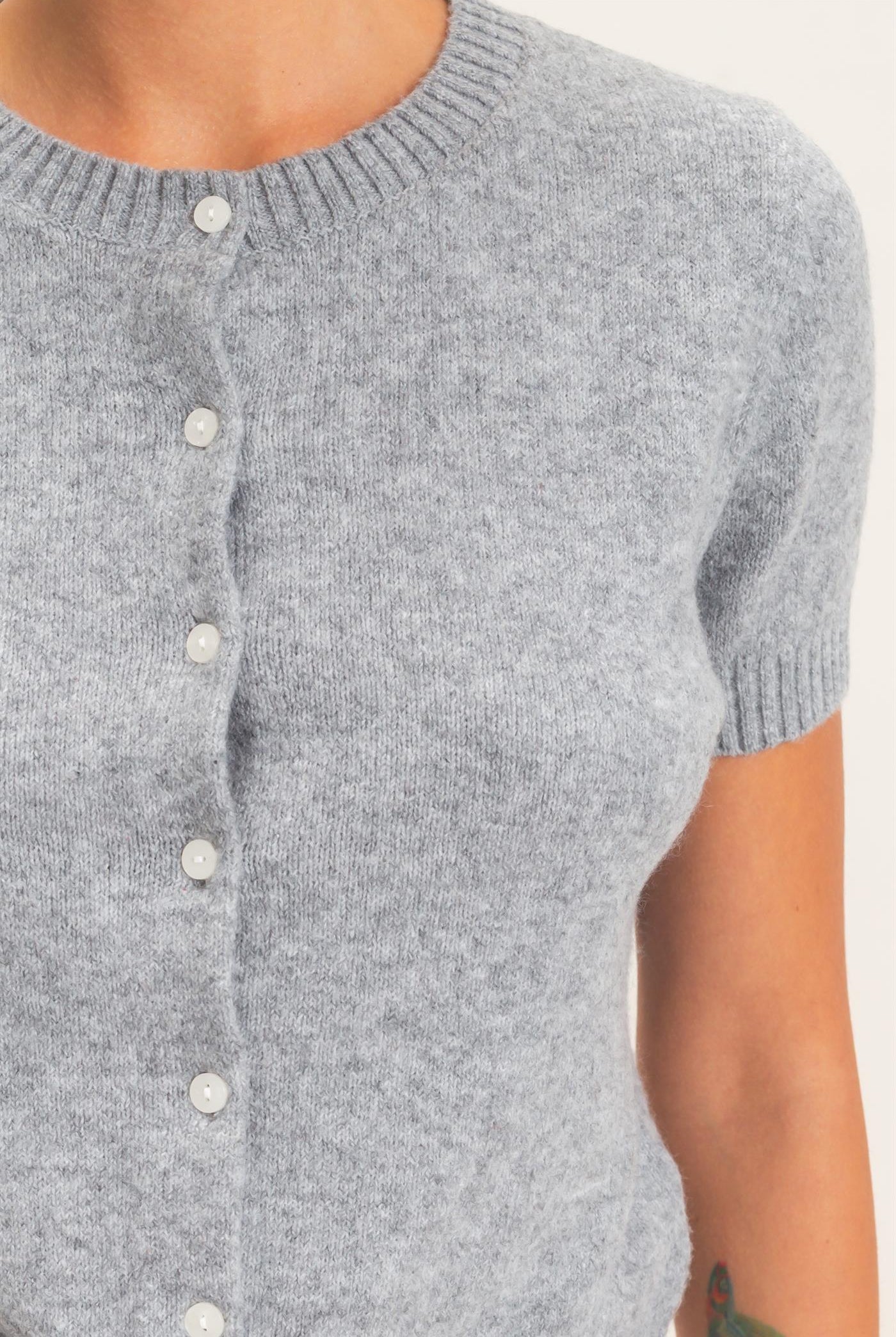 Wholesale Crew Neck Short Sleeve Cardigan Cardigans DZ26E108 HEATHER GRAY DOUBLE ZERO