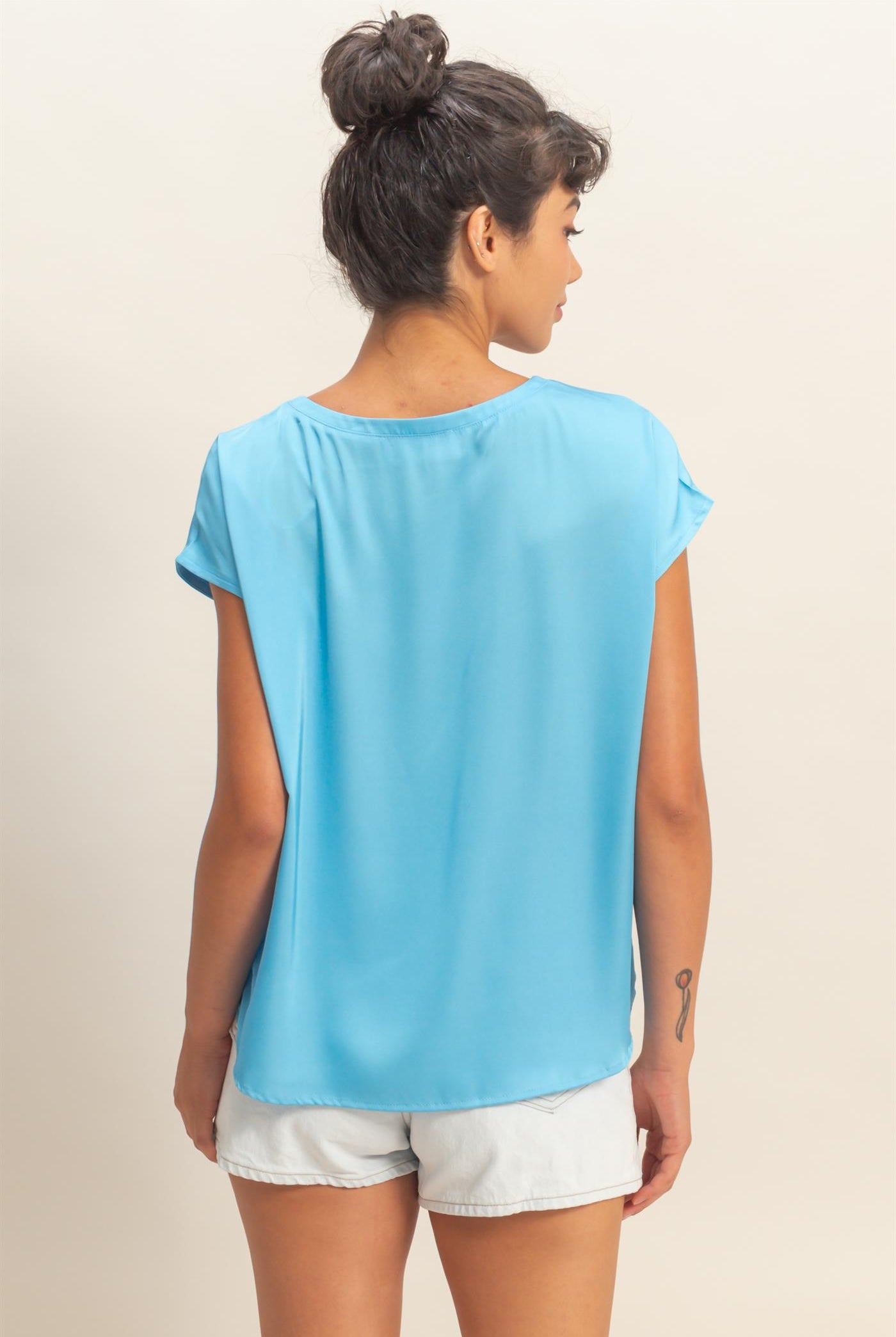 Wholesale Satin Dolman Sleeve Round Neck Blouse Clothing Tops DZ26C181 BLUE DOUBLE ZERO