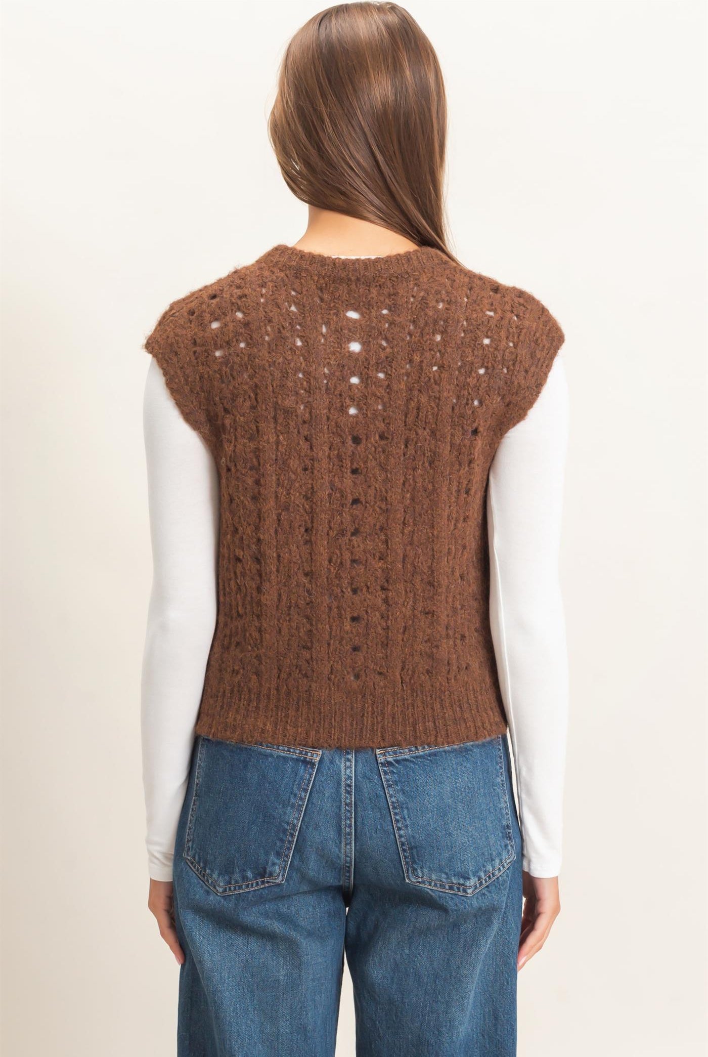 Wholesale Open Knit Sleeveless Button Front Sweater Vest Sweaters DZ26A829 BROWN DOUBLE ZERO