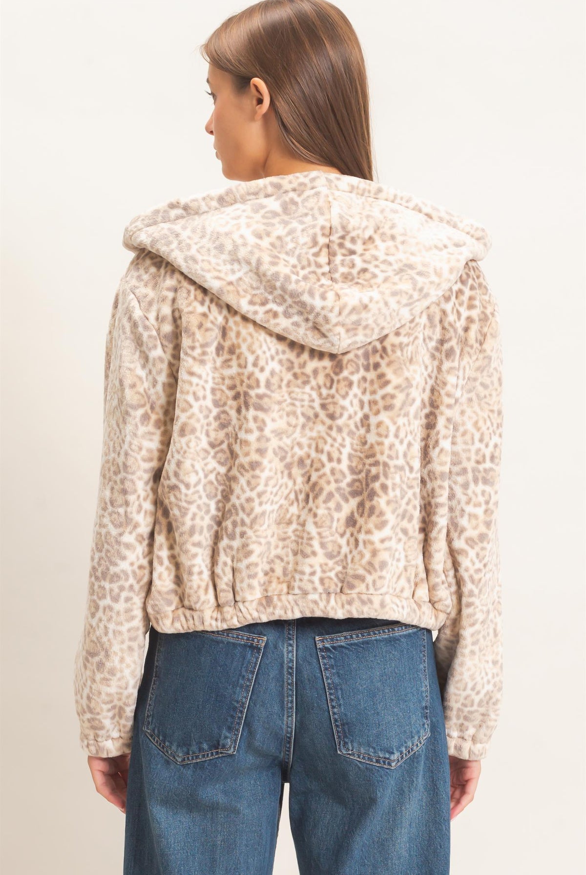 Wholesale Leopard Fleece Zip-Up Hoodie Hoodies DZ26E831 BEIGE DOUBLE ZERO