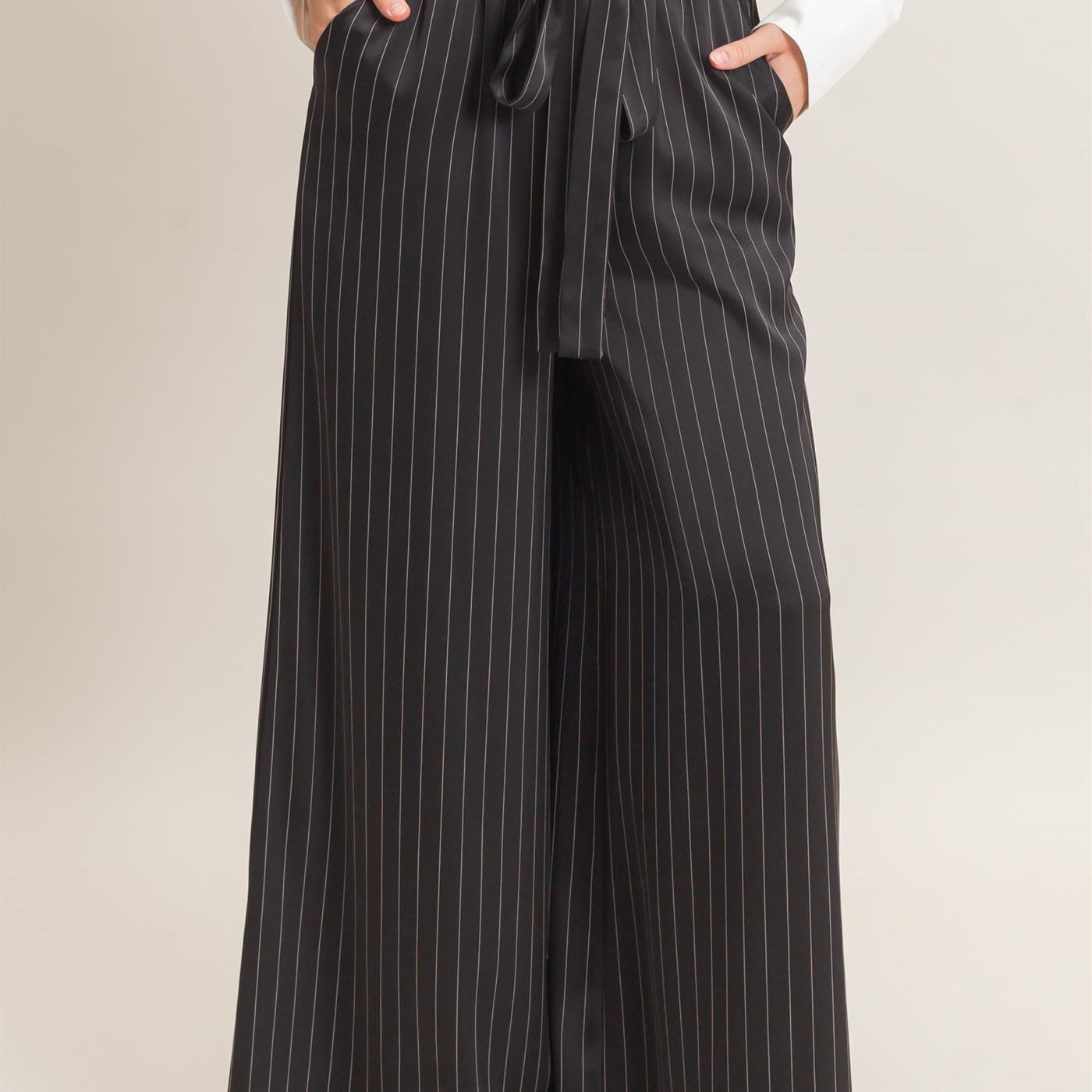 Wholesale Pinstripe Wide-Leg Pants Pants HF25F030 BLACK HYFVE