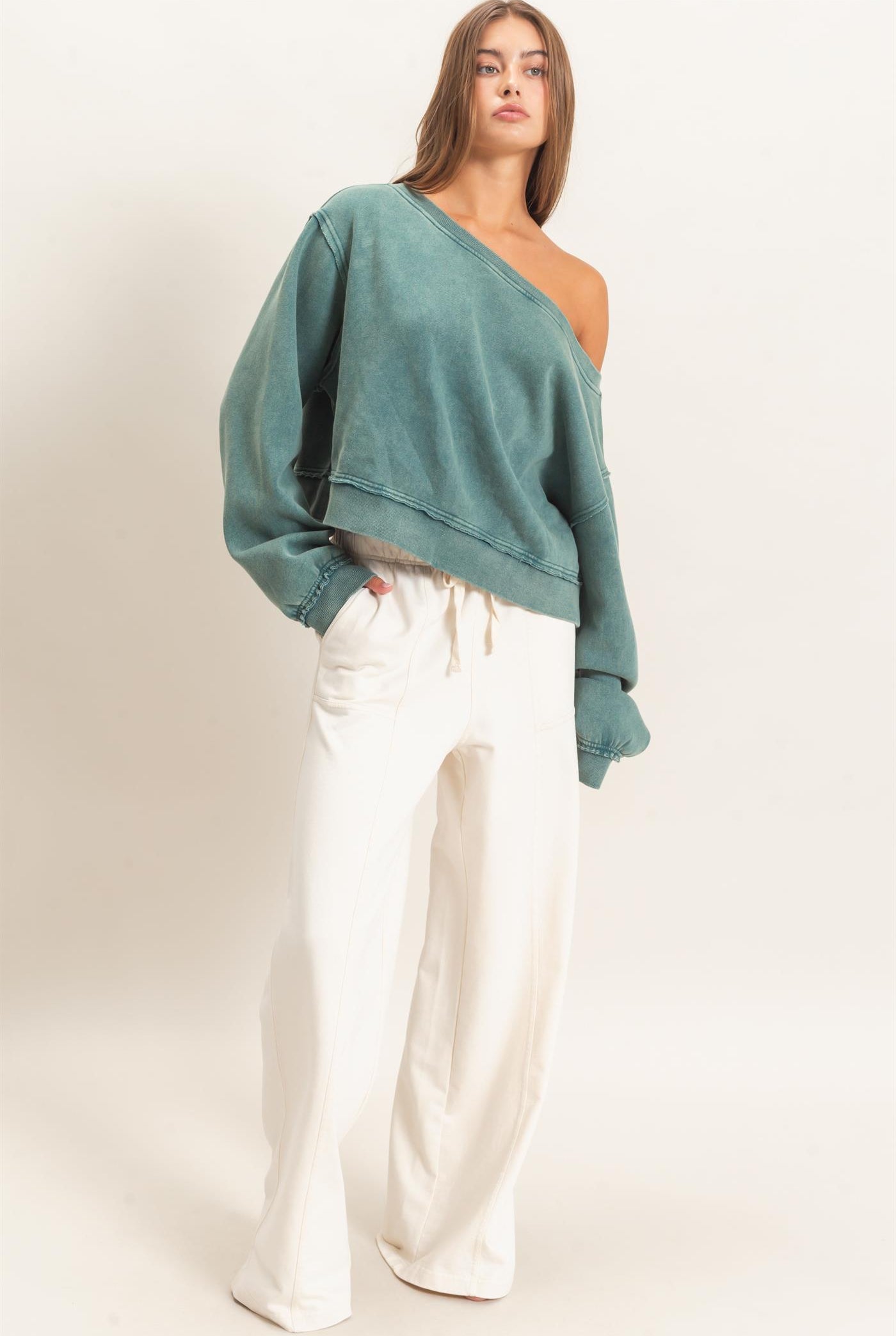 Wholesale Acid Wash Drawstring Waist Wide Leg Pants Pants DZ25A685 ALPACA DOUBLE ZERO
