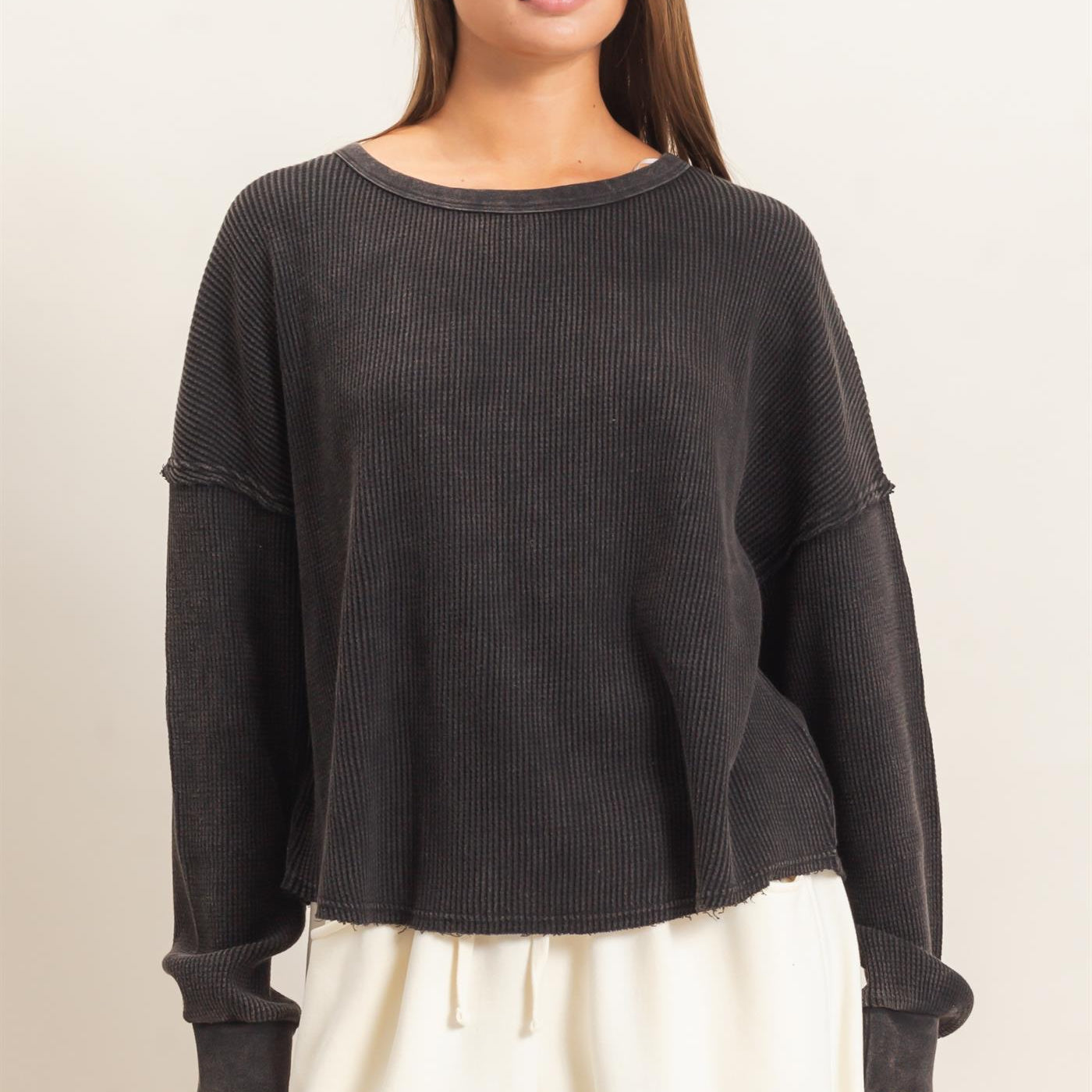 Wholesale Mineral Wash Waffle Oversized Top Clothing Tops DZ26E248 BLACK DOUBLE ZERO