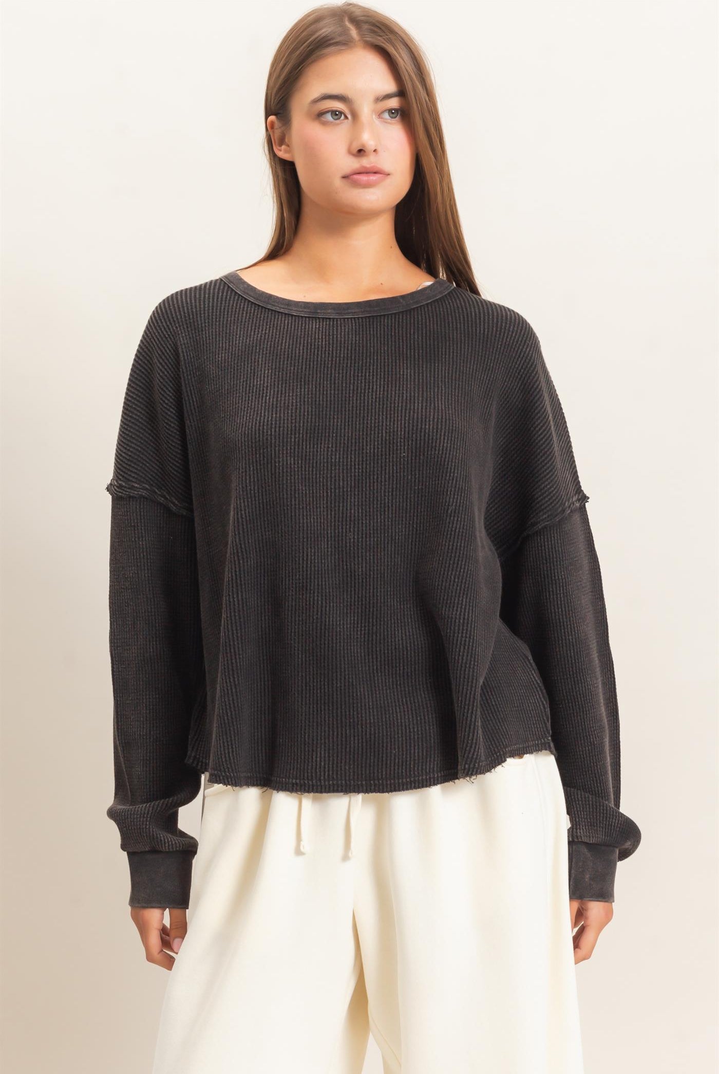 Wholesale Mineral Wash Waffle Oversized Top Clothing Tops DZ26E248 BLACK DOUBLE ZERO