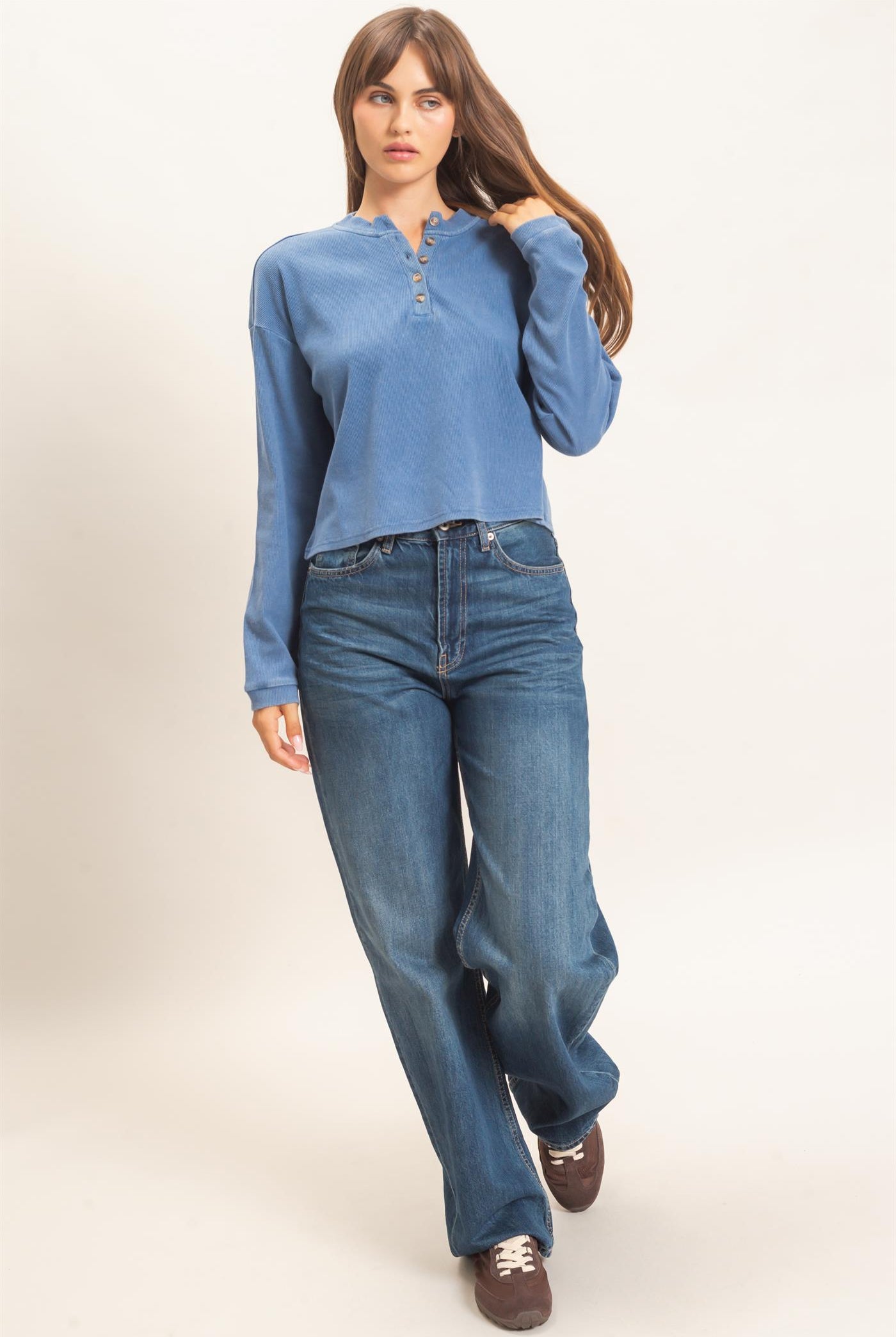 Wholesale Buttoned Henley Top Clothing Tops HF26F081 BLUE HYFVE