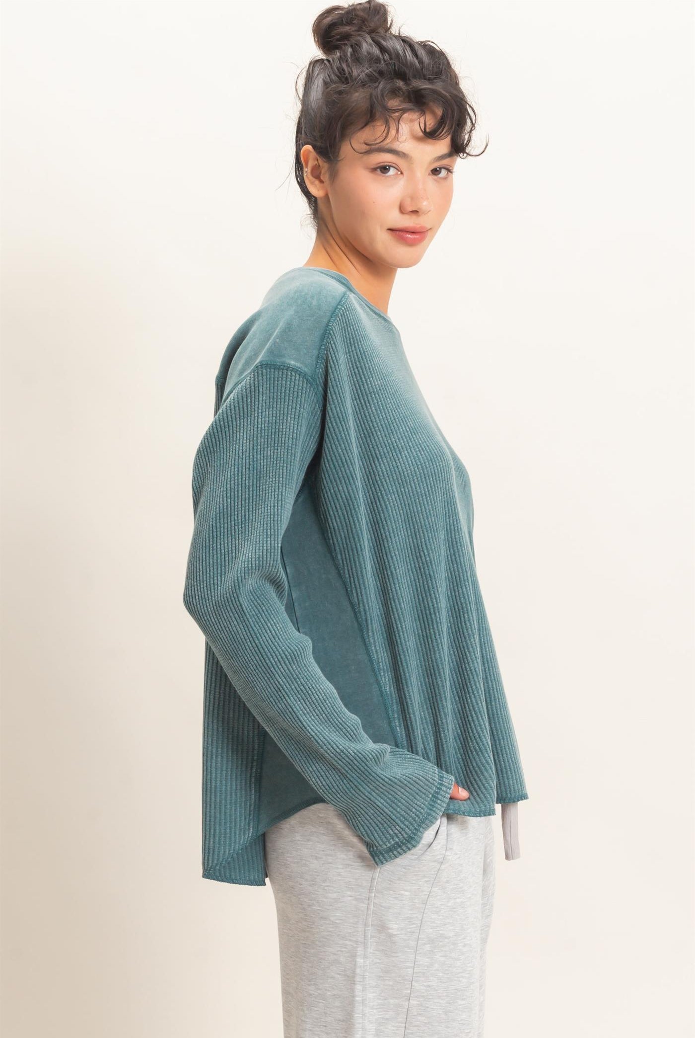Wholesale Oversized Mineral Washed Waffle Knit Top Clothing Tops DZ26E654 DARK TEAL DOUBLE ZERO
