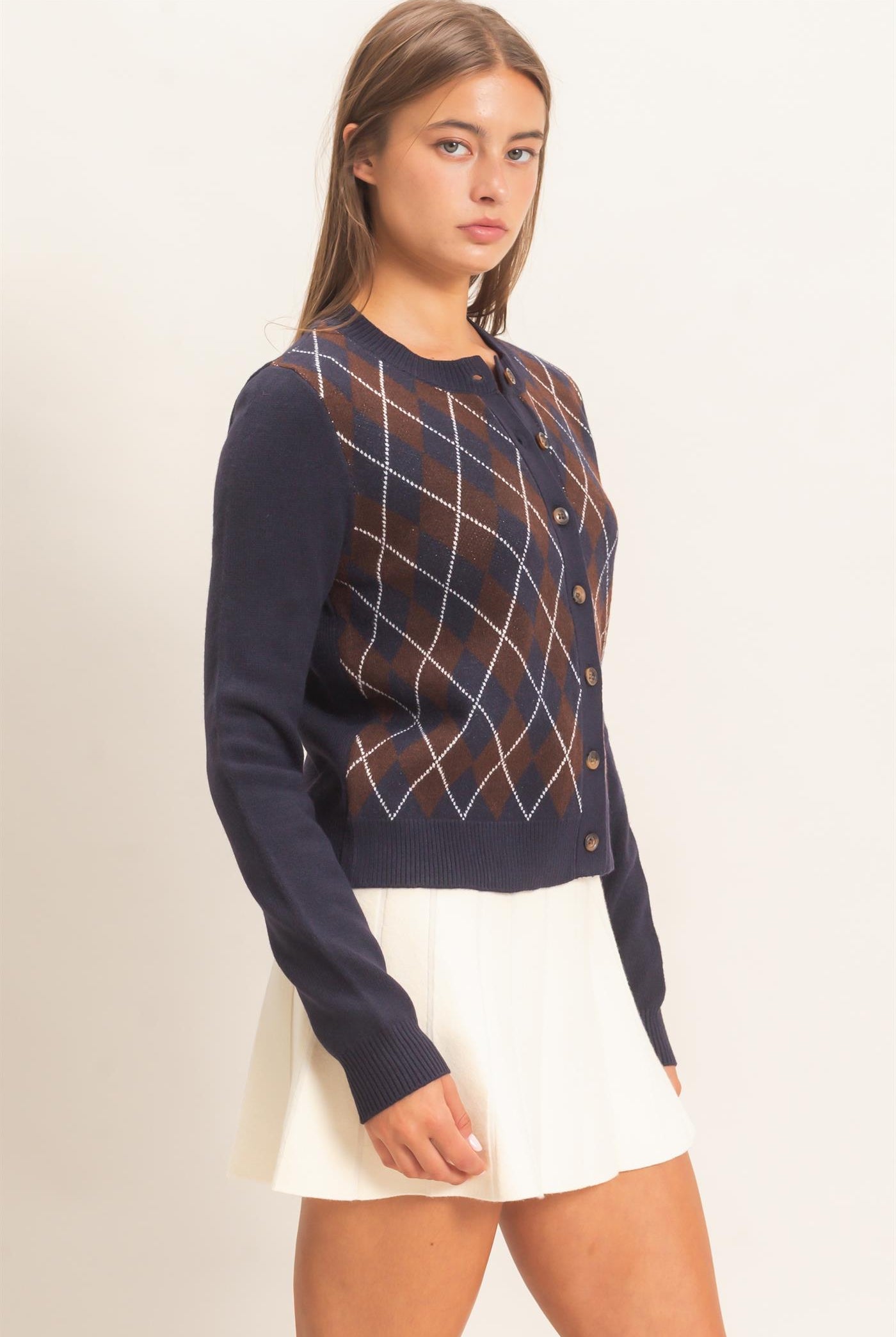 Wholesale Argyle Pattern Cardigan Cardigans DZ26E637 NAVY DOUBLE ZERO
