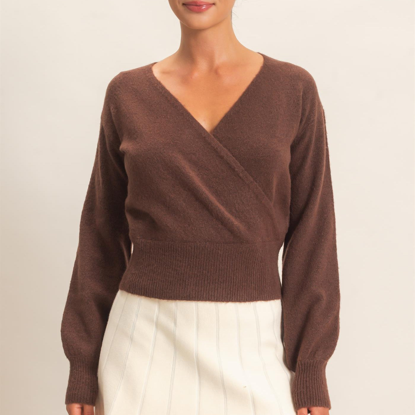 Wholesale Wrap V Neck Sweater Sweaters DZ26E948 DARK BROWN DOUBLE ZERO