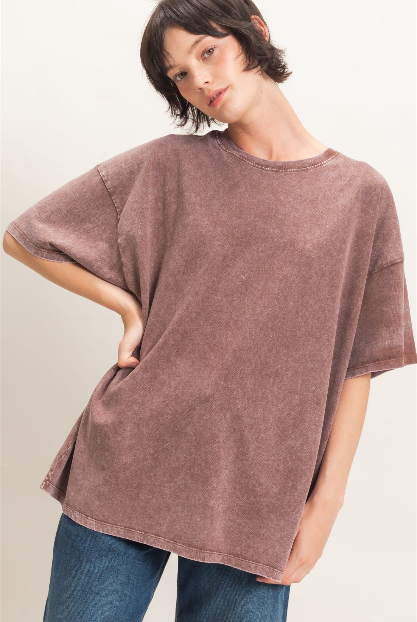 Wholesale Mineral Wash Oversized Crew Neck T-Shirts Clothing Tops DZ26C961 DARK BROWN DOUBLE ZERO