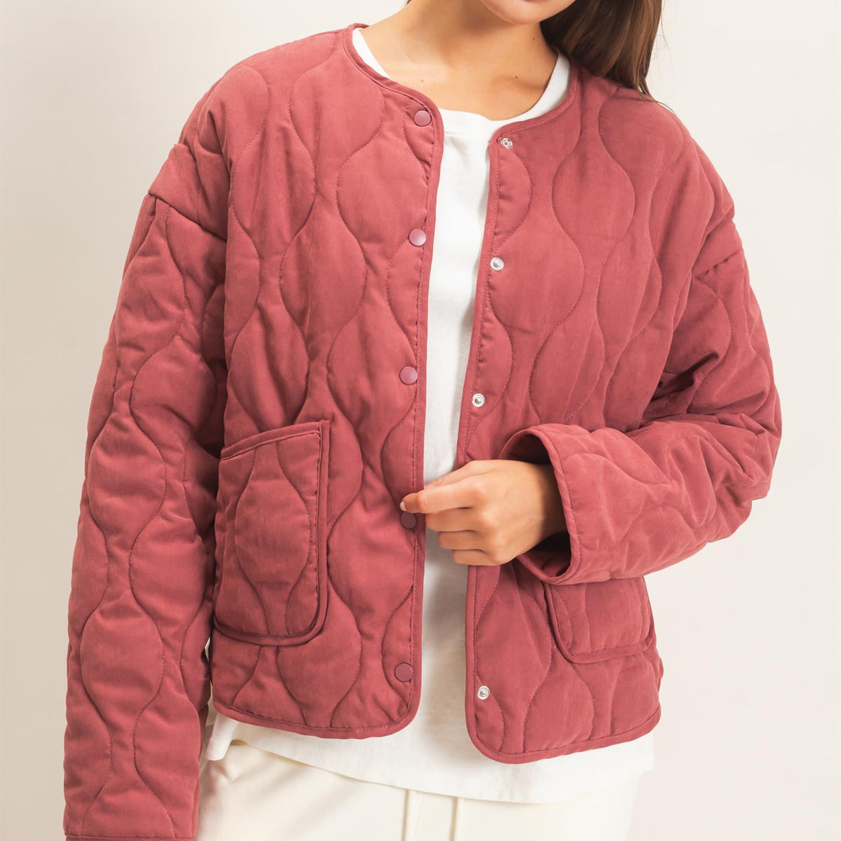 Wholesale Quilted Button Front Jacket Coats & Jackets DZ26F254 BURGUNDY DOUBLE ZERO