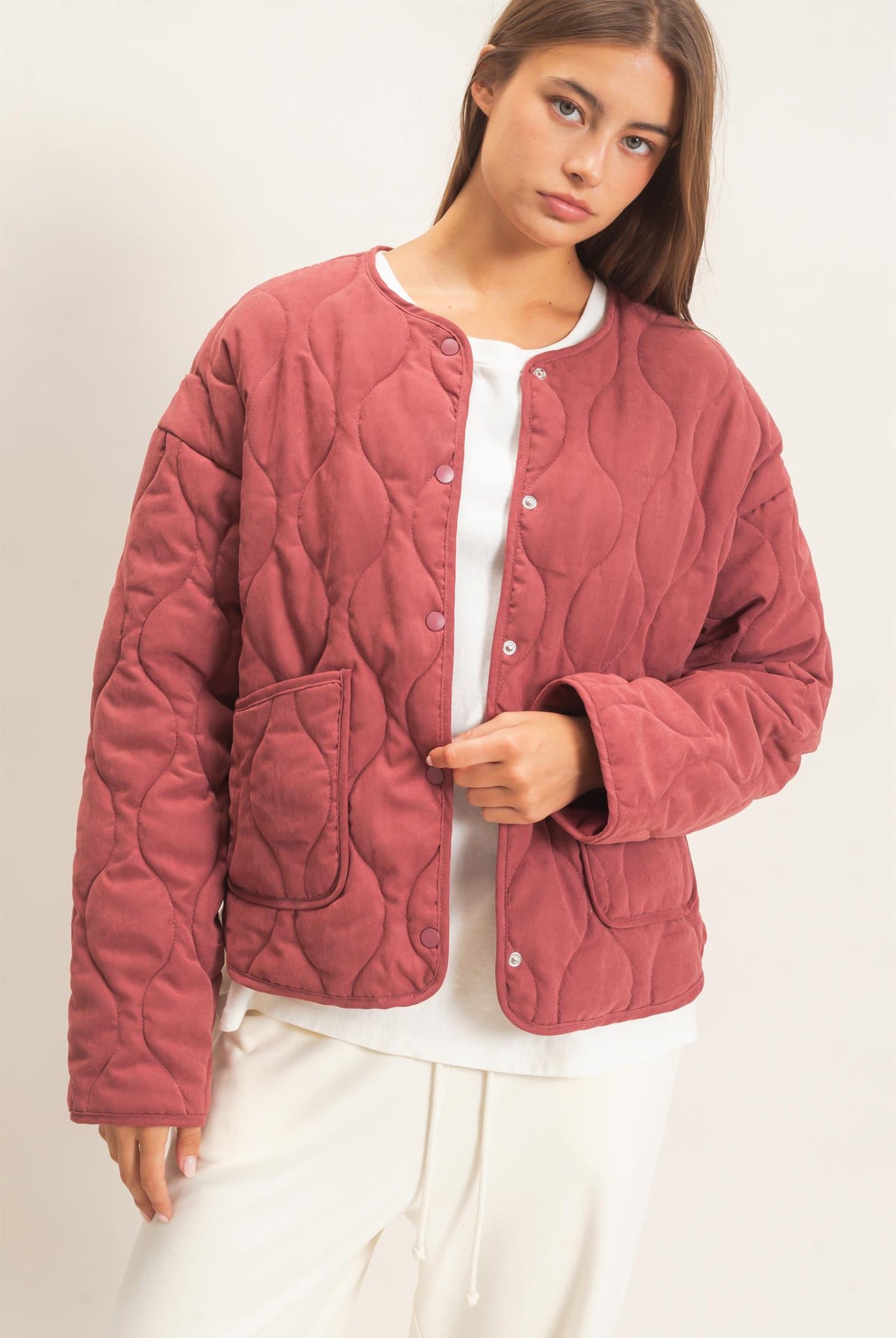 Wholesale Quilted Button Front Jacket Coats & Jackets DZ26F254 BURGUNDY DOUBLE ZERO