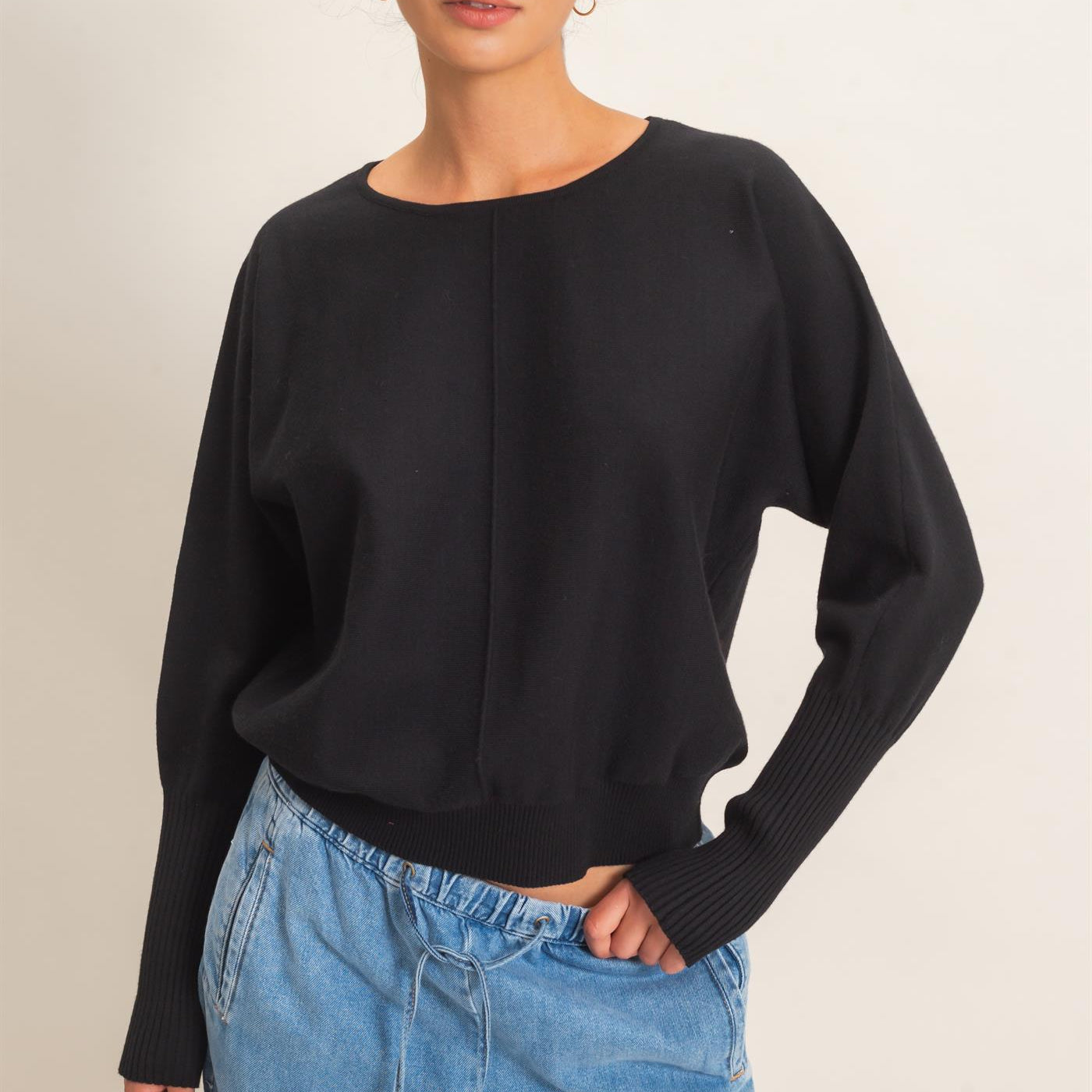Wholesale Batwing Sleeve Center Seam Sweater Sweaters DZ26E079 BLACK DOUBLE ZERO