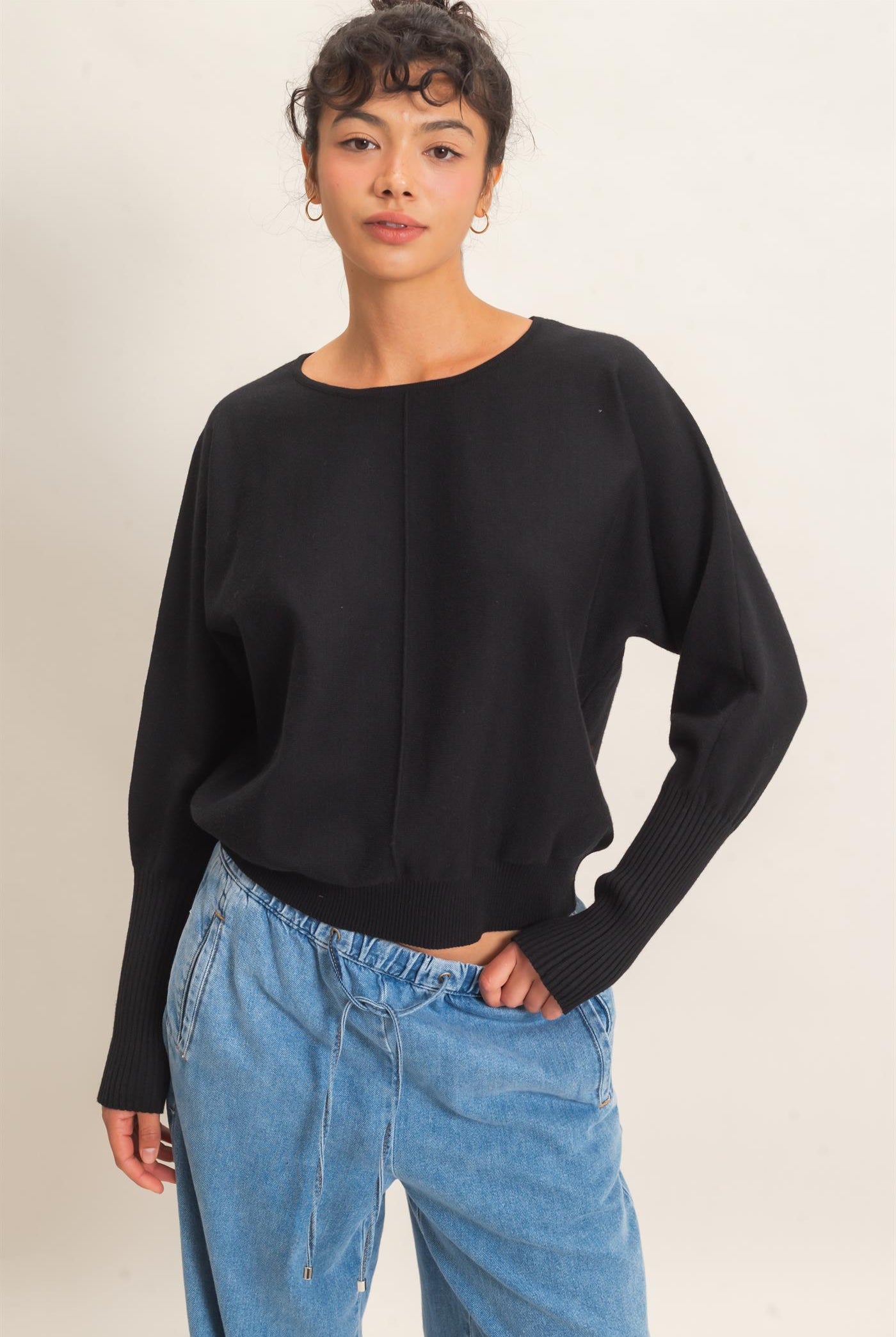 Wholesale Batwing Sleeve Center Seam Sweater Sweaters DZ26E079 BLACK DOUBLE ZERO