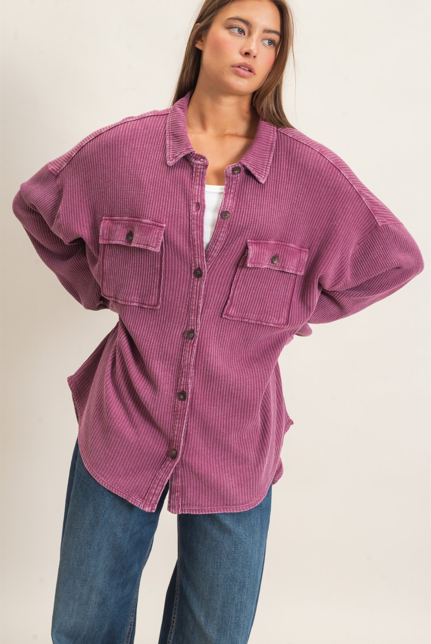 Wholesale Mineral Wash Waffle Knit Button-Up Shacket Coats & Jackets DZ26E249 DARK CHERRY DOUBLE ZERO